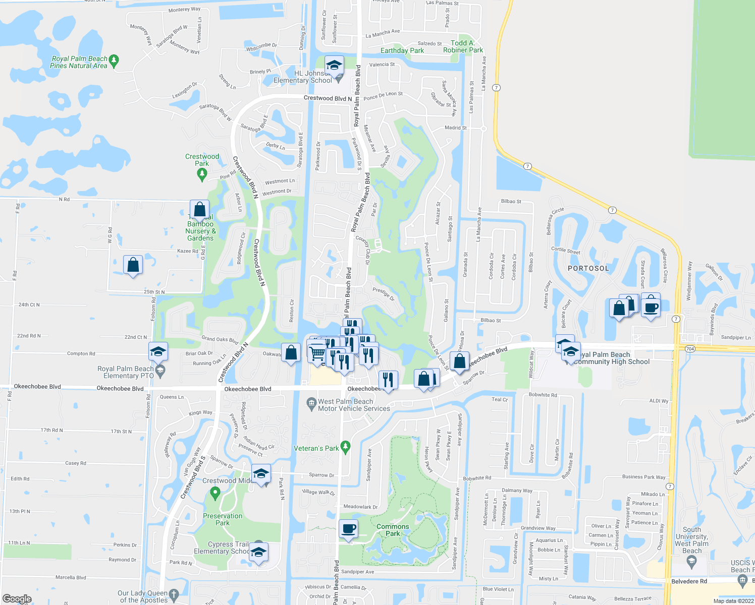 map of restaurants, bars, coffee shops, grocery stores, and more near 2007 Palm Beach Trace Drive in Royal Palm Beach
