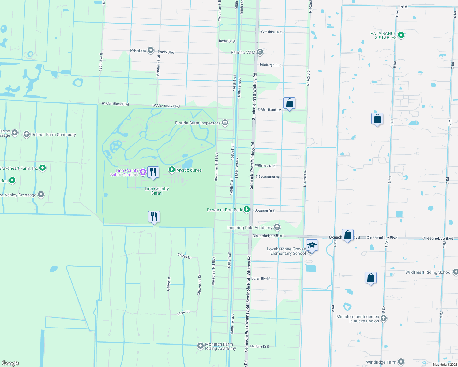 map of restaurants, bars, coffee shops, grocery stores, and more near 16887 Stallion Drive West in Loxahatchee