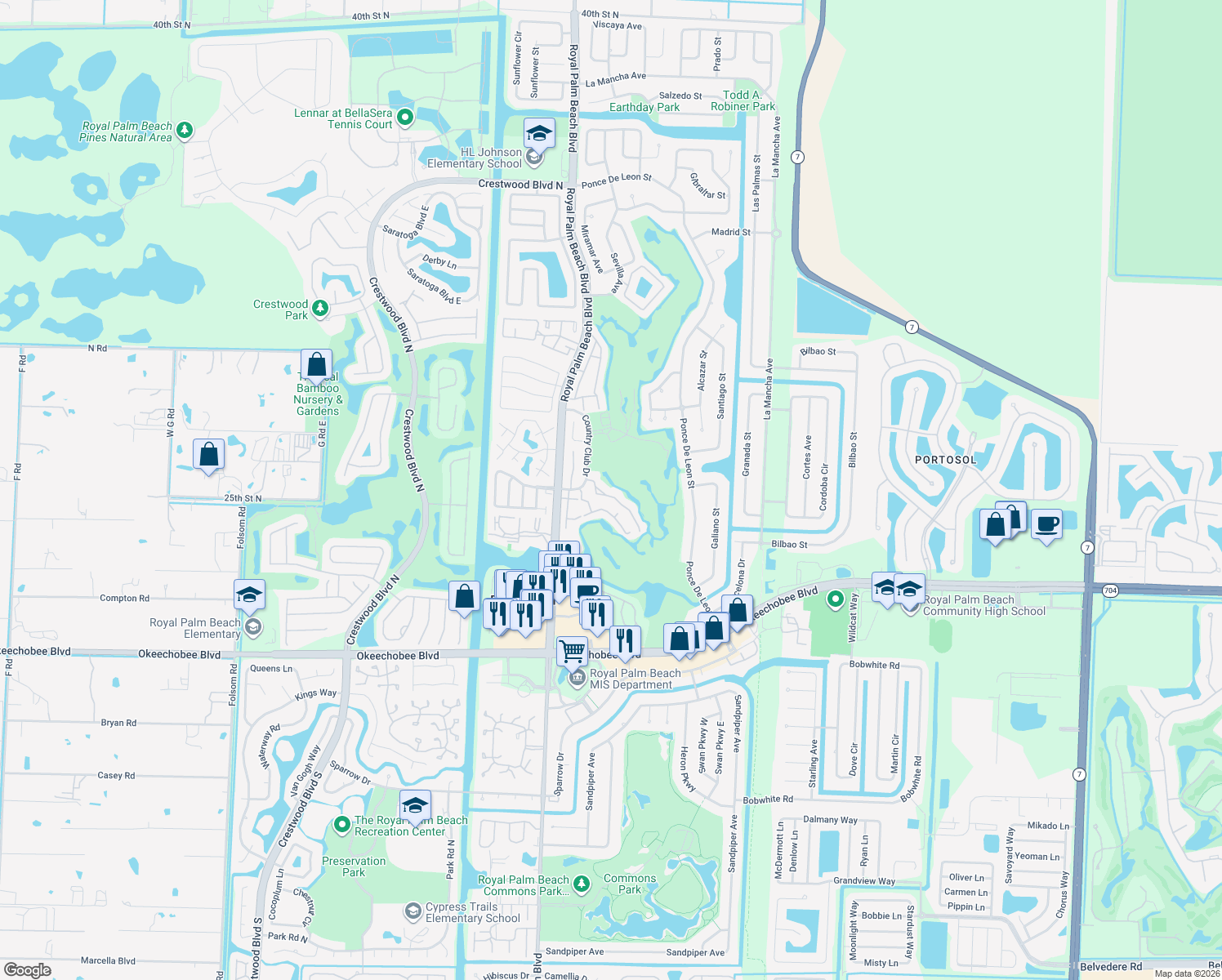 map of restaurants, bars, coffee shops, grocery stores, and more near 120 Prestige Drive in Royal Palm Beach
