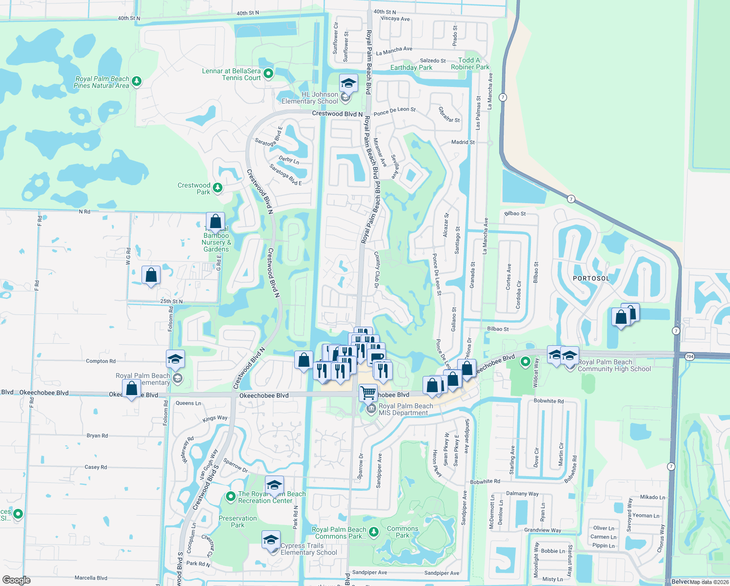map of restaurants, bars, coffee shops, grocery stores, and more near 101 Fairway Lane in Royal Palm Beach