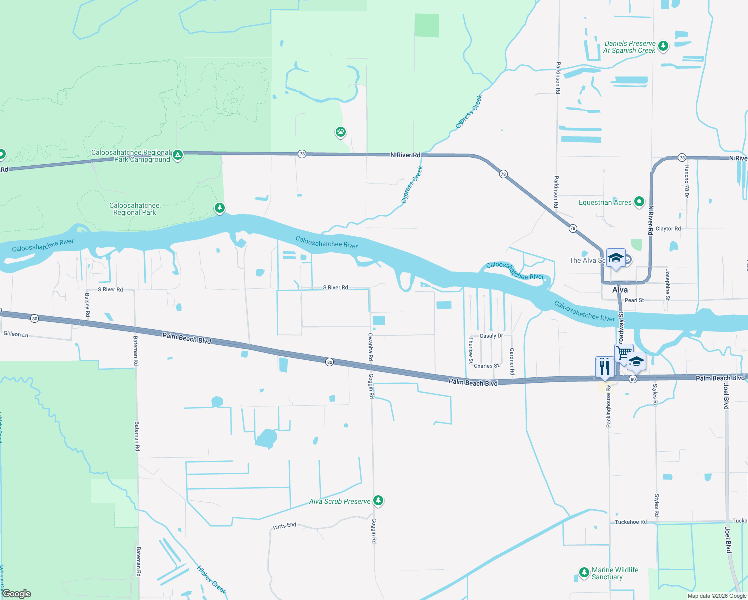 map of restaurants, bars, coffee shops, grocery stores, and more near 2131 Owanita Road in Alva