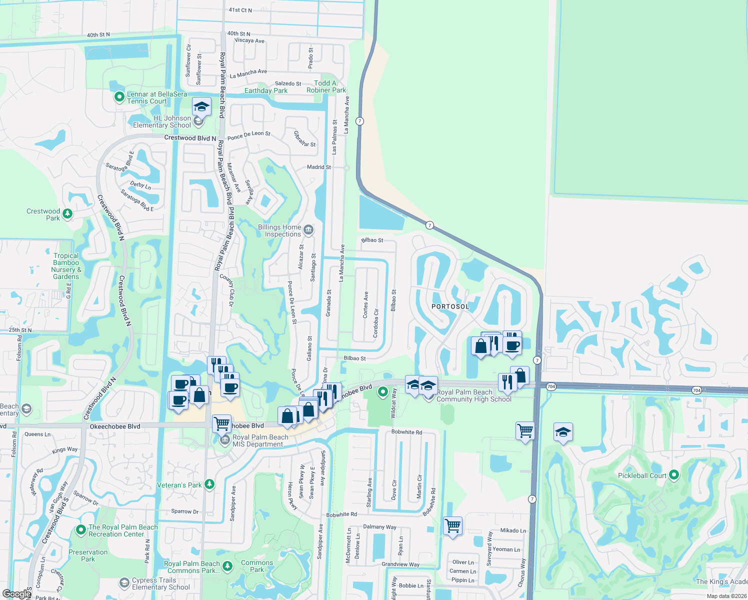 map of restaurants, bars, coffee shops, grocery stores, and more near 144 Cordoba Circle in Royal Palm Beach