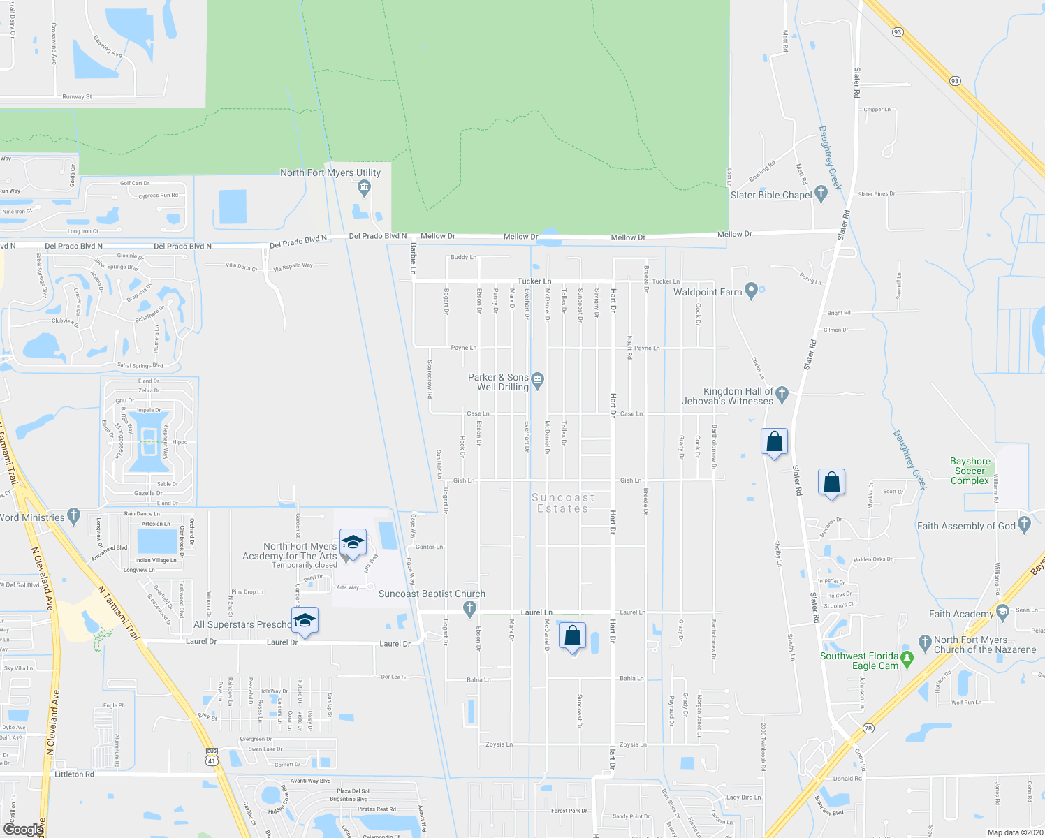 map of restaurants, bars, coffee shops, grocery stores, and more near 8166 Everhart Drive in North Fort Myers