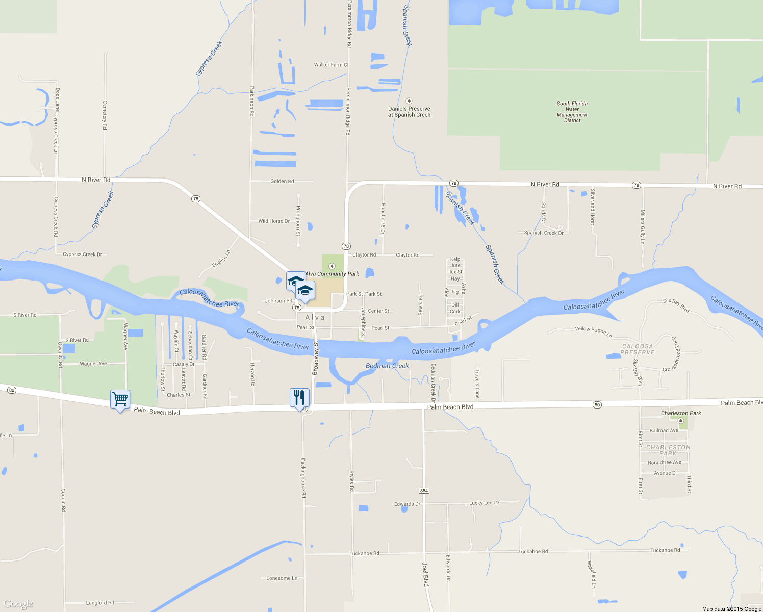 map of restaurants, bars, coffee shops, grocery stores, and more near 21671 Center Street in Alva