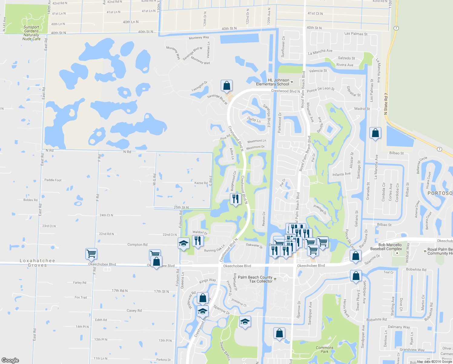 map of restaurants, bars, coffee shops, grocery stores, and more near 2236 Ridgewood Circle in Royal Palm Beach
