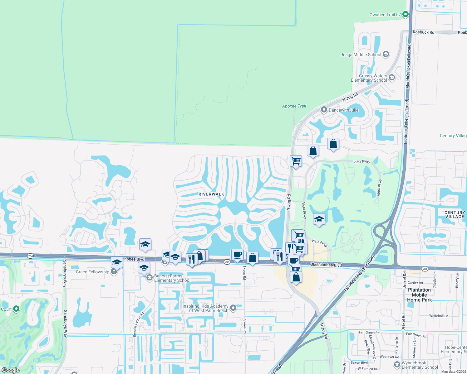 map of restaurants, bars, coffee shops, grocery stores, and more near 2590 Kittbuck Way in West Palm Beach
