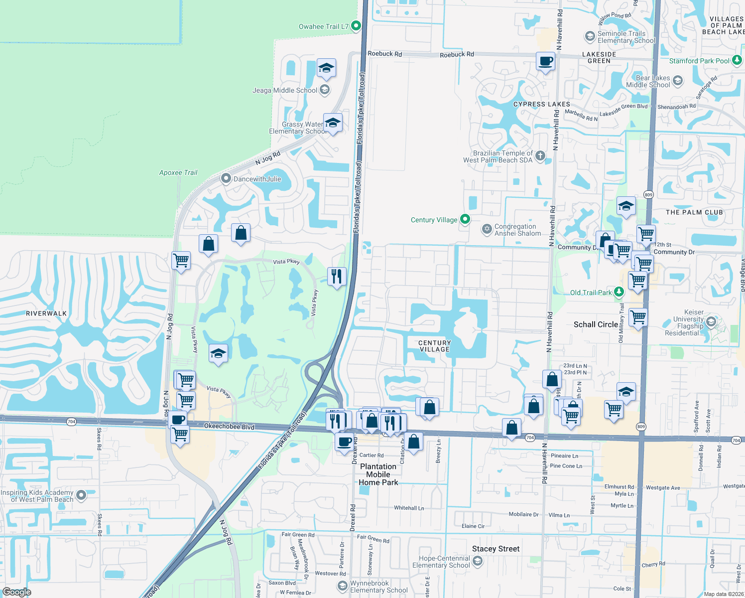 map of restaurants, bars, coffee shops, grocery stores, and more near 237 Northampton L in West Palm Beach