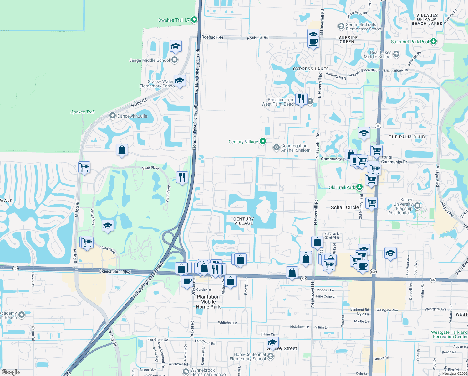 map of restaurants, bars, coffee shops, grocery stores, and more near 229 Chatham K in West Palm Beach