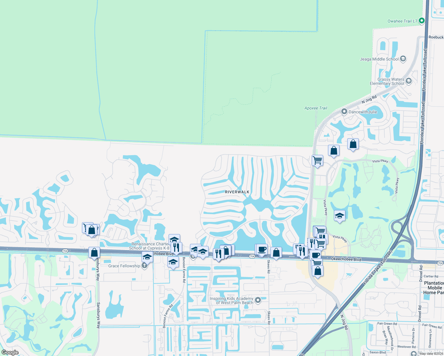 map of restaurants, bars, coffee shops, grocery stores, and more near 7776 Nile River Road in West Palm Beach