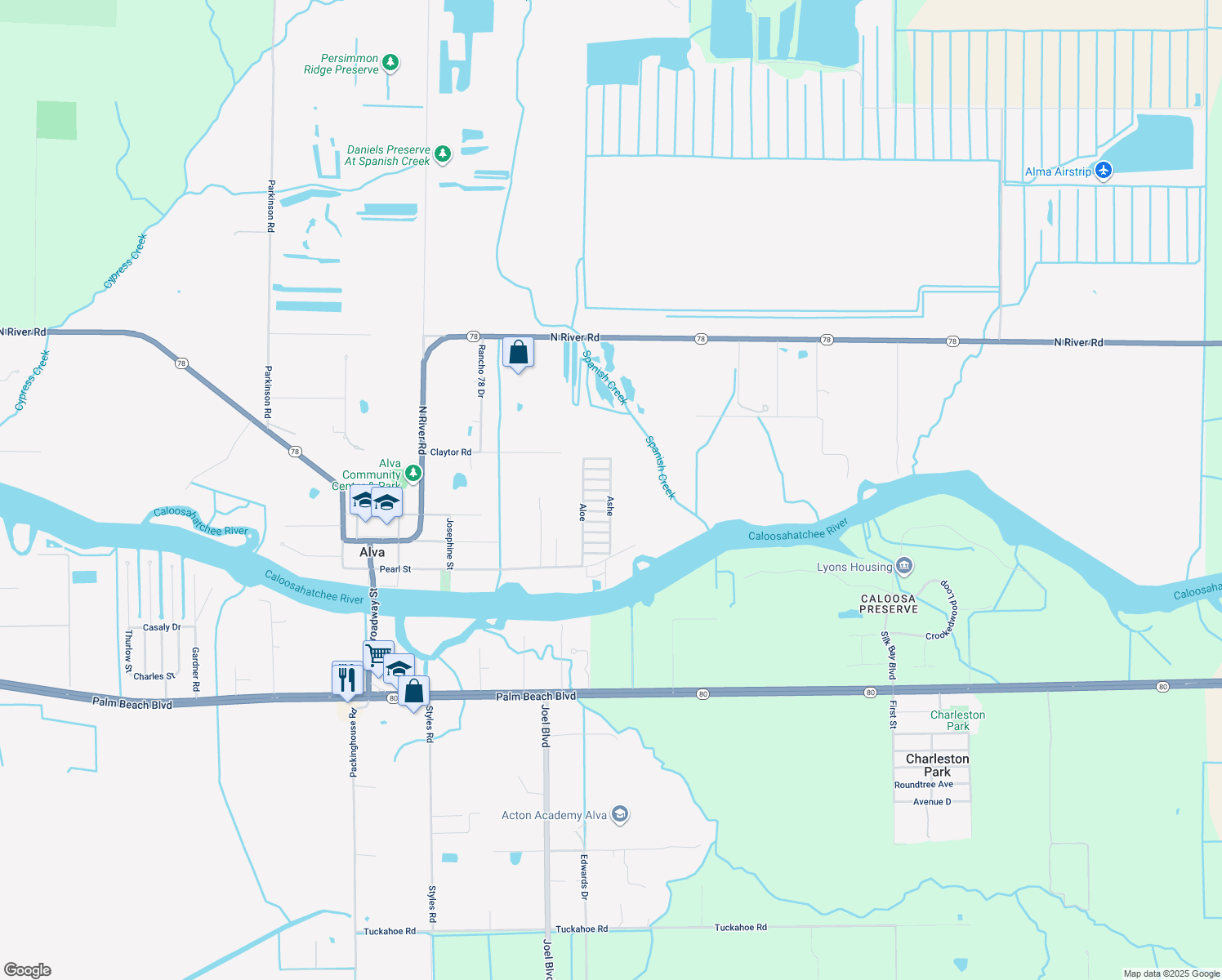 map of restaurants, bars, coffee shops, grocery stores, and more near 25 Ashe in Alva