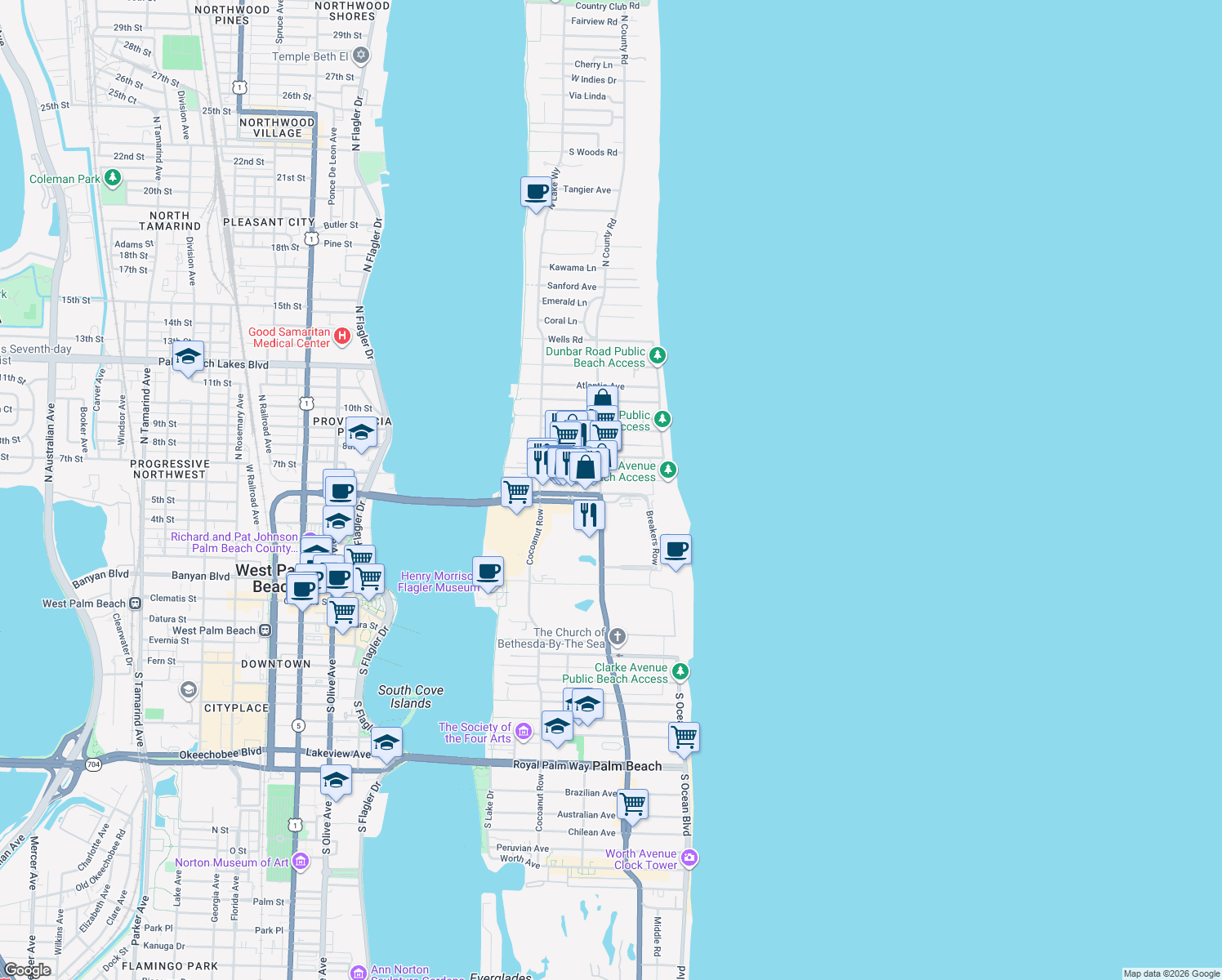 map of restaurants, bars, coffee shops, grocery stores, and more near 179 Main Street in Palm Beach