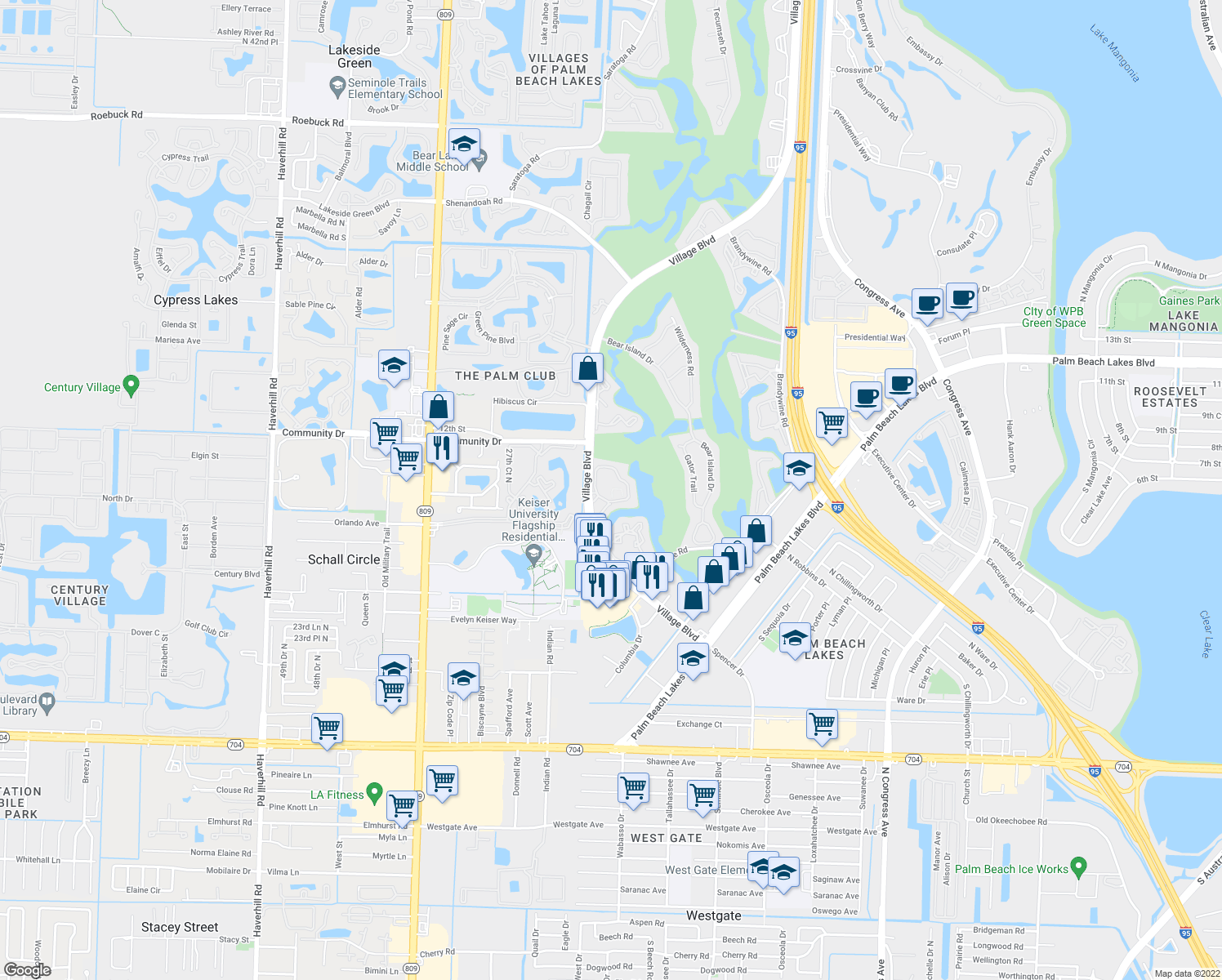 map of restaurants, bars, coffee shops, grocery stores, and more near 18102 Glenmoor Drive in West Palm Beach