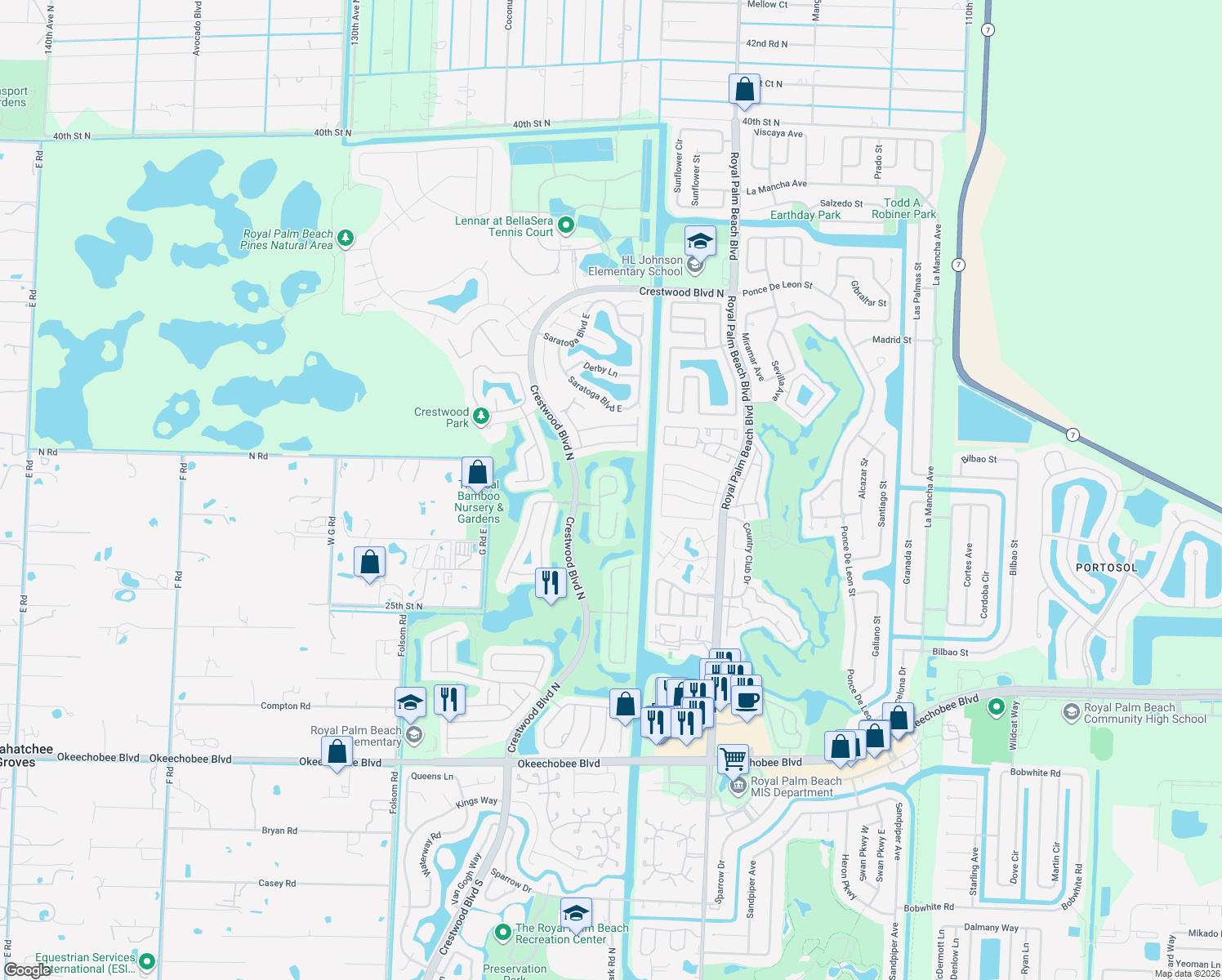 map of restaurants, bars, coffee shops, grocery stores, and more near 2173 Bellcrest Circle in Royal Palm Beach
