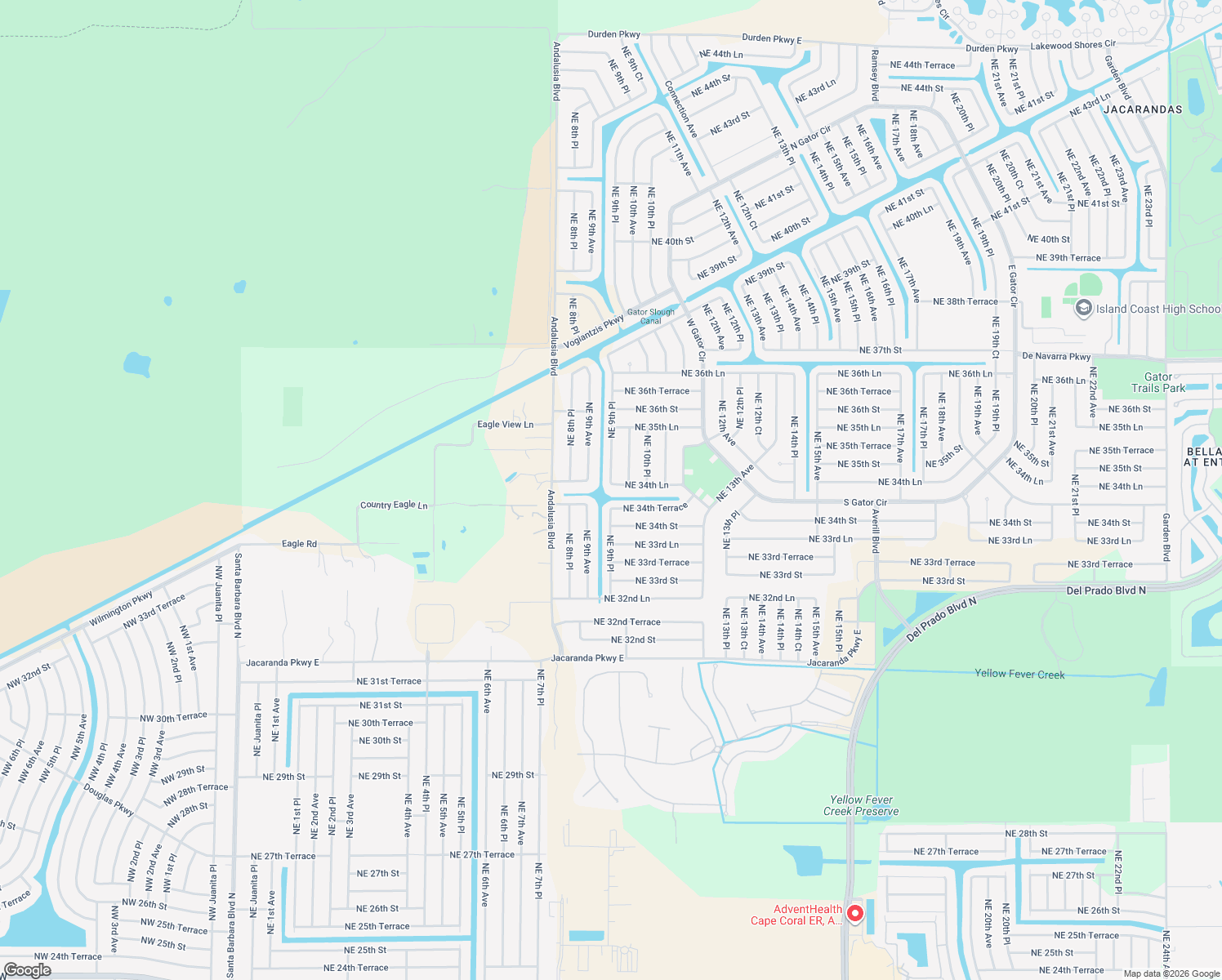 map of restaurants, bars, coffee shops, grocery stores, and more near 912 Northeast 34th Lane in Cape Coral