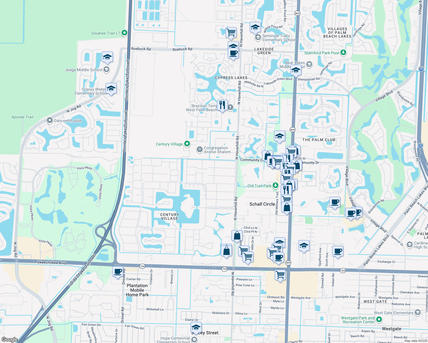 map of restaurants, bars, coffee shops, grocery stores, and more near 102 Coventry East in West Palm Beach