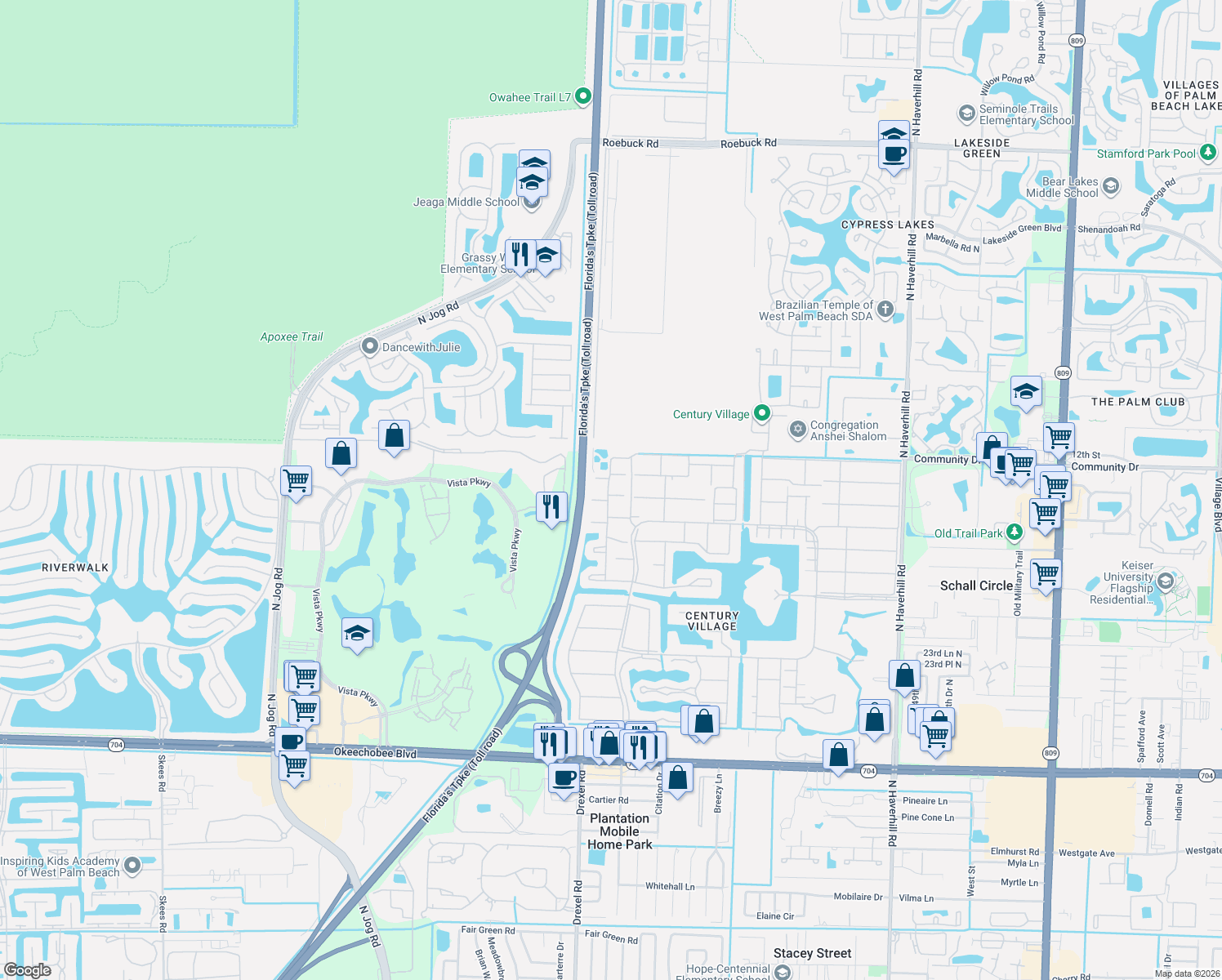 map of restaurants, bars, coffee shops, grocery stores, and more near 62 Sussex C in West Palm Beach
