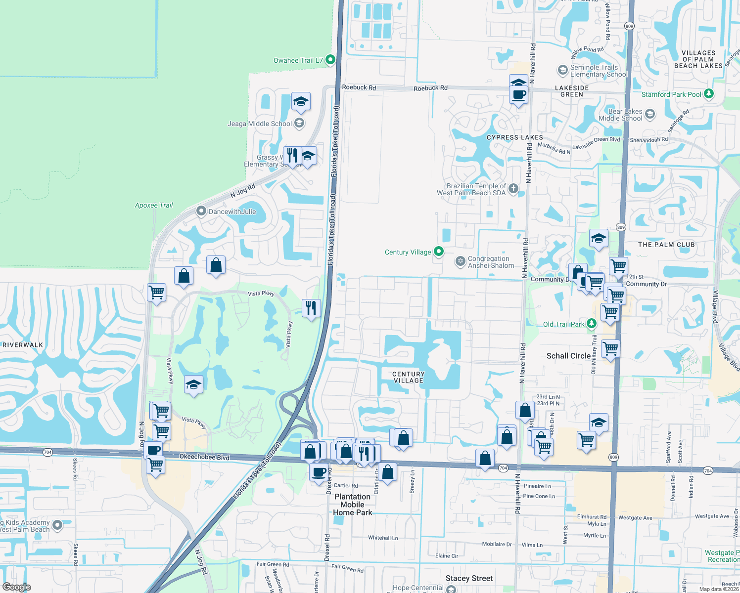 map of restaurants, bars, coffee shops, grocery stores, and more near 71 Canterbury C in West Palm Beach