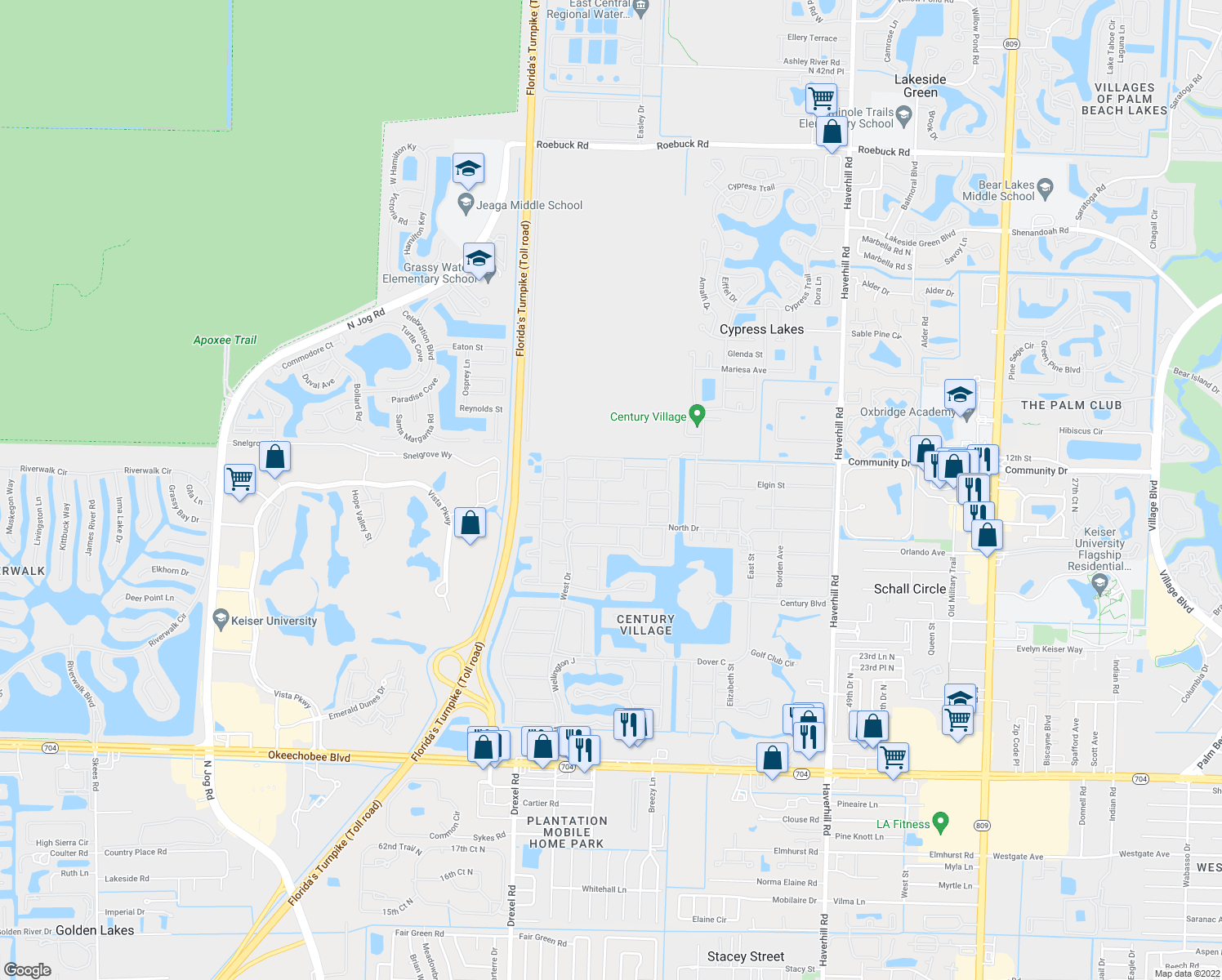 map of restaurants, bars, coffee shops, grocery stores, and more near 98 Cambridge East in West Palm Beach