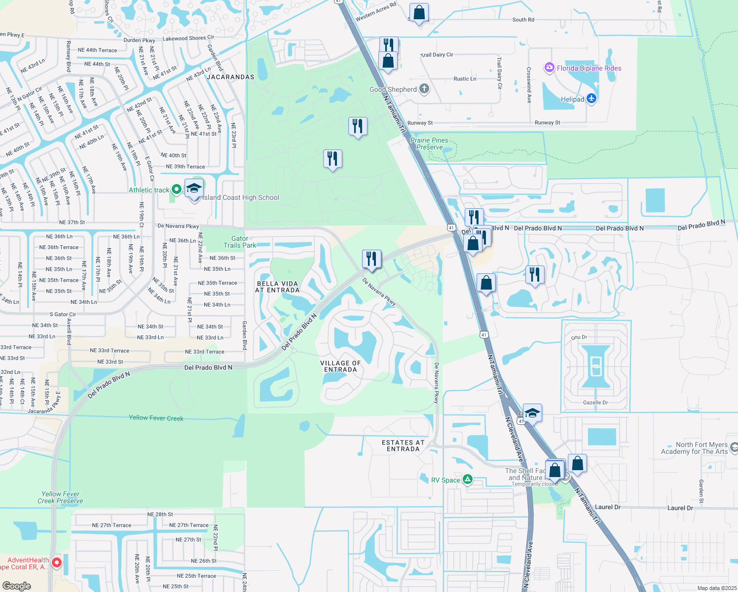 map of restaurants, bars, coffee shops, grocery stores, and more near 3600 De Navarra Parkway in Cape Coral