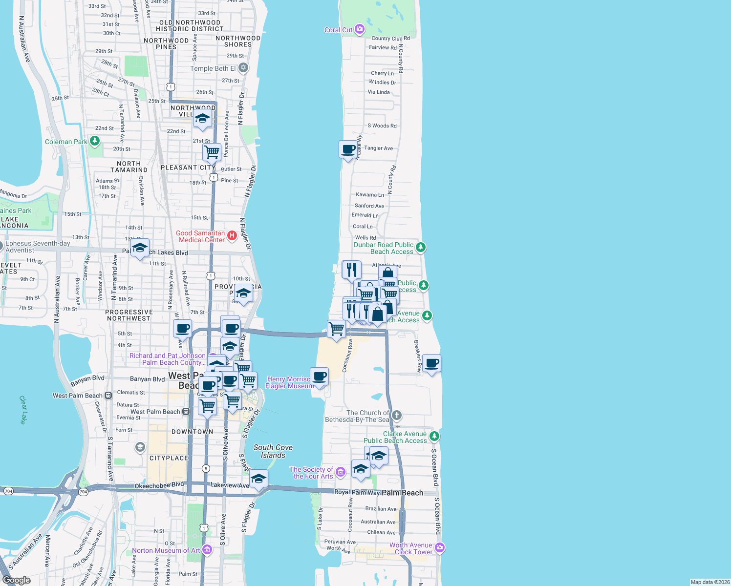 map of restaurants, bars, coffee shops, grocery stores, and more near 240 Oleander Avenue in Palm Beach