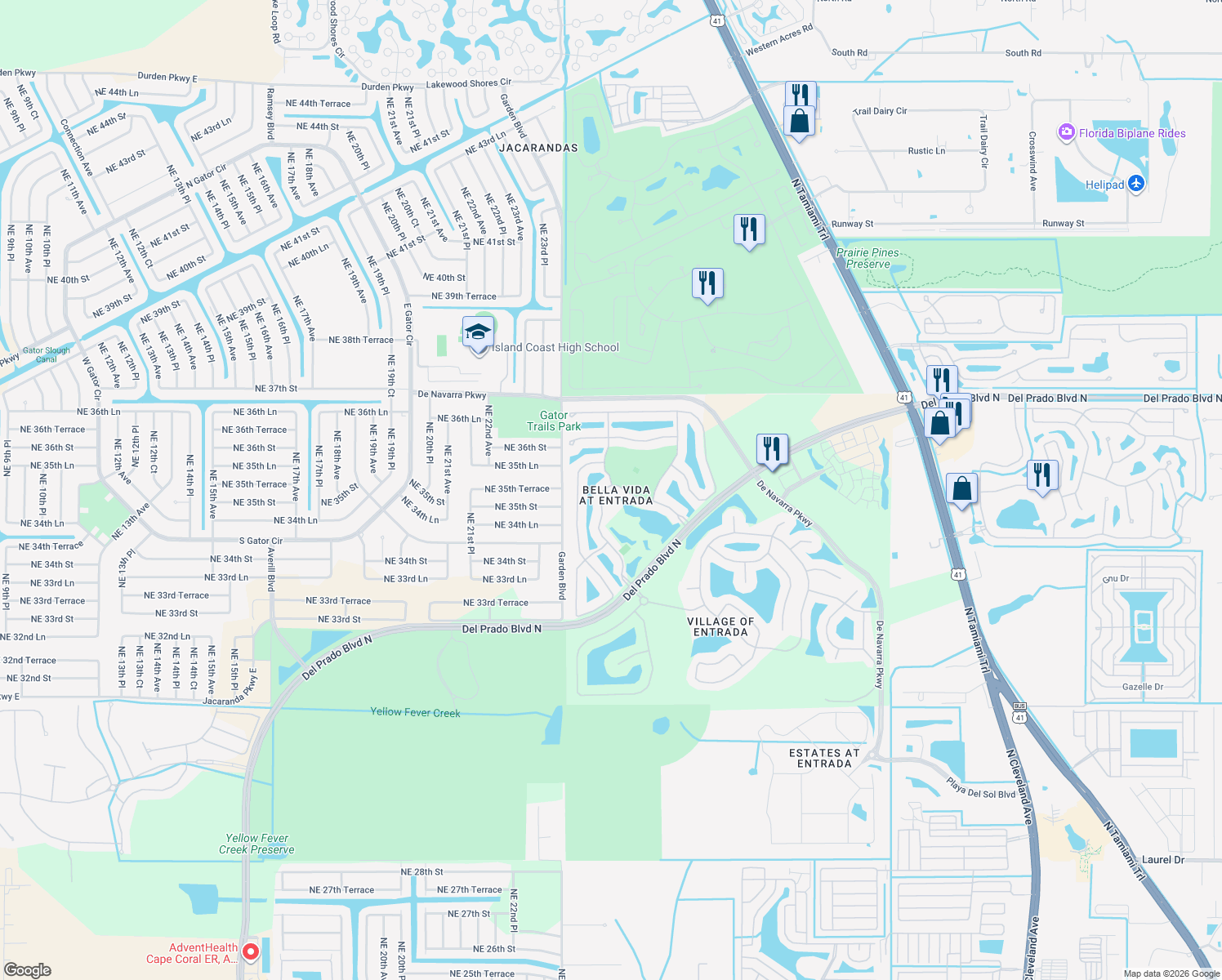 map of restaurants, bars, coffee shops, grocery stores, and more near 3521 Malagrotta Circle in Cape Coral