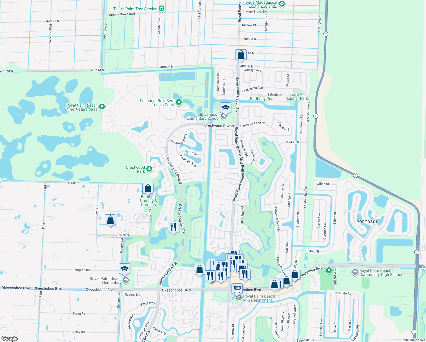map of restaurants, bars, coffee shops, grocery stores, and more near 107 Conaskonk Circle in Royal Palm Beach