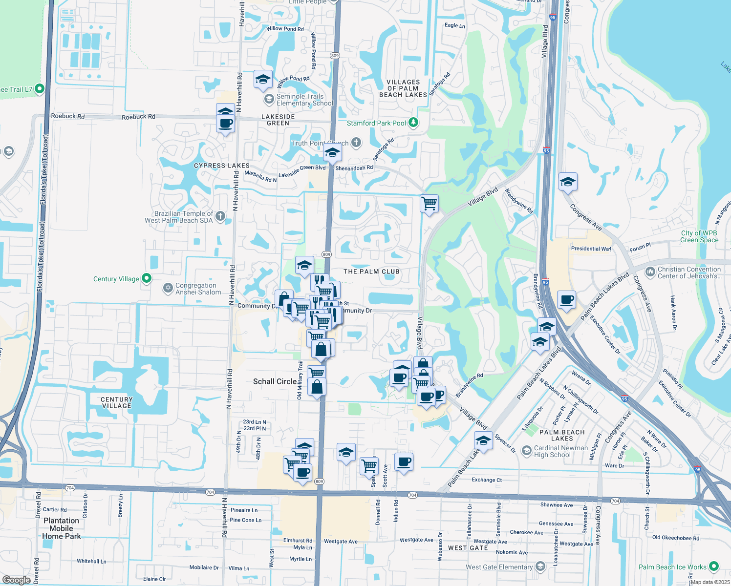 map of restaurants, bars, coffee shops, grocery stores, and more near 3096 Hibiscus Circle in West Palm Beach