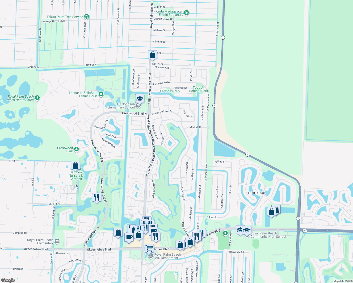 map of restaurants, bars, coffee shops, grocery stores, and more near 136 Elysium Drive in Royal Palm Beach