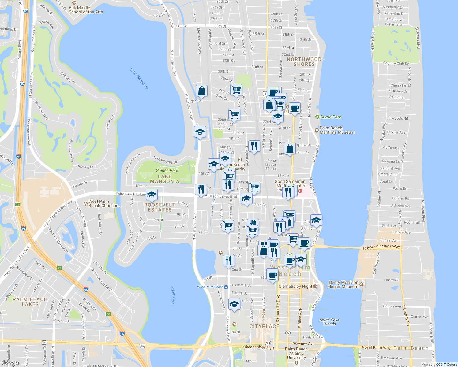 map of restaurants, bars, coffee shops, grocery stores, and more near 1004 14th Street in West Palm Beach
