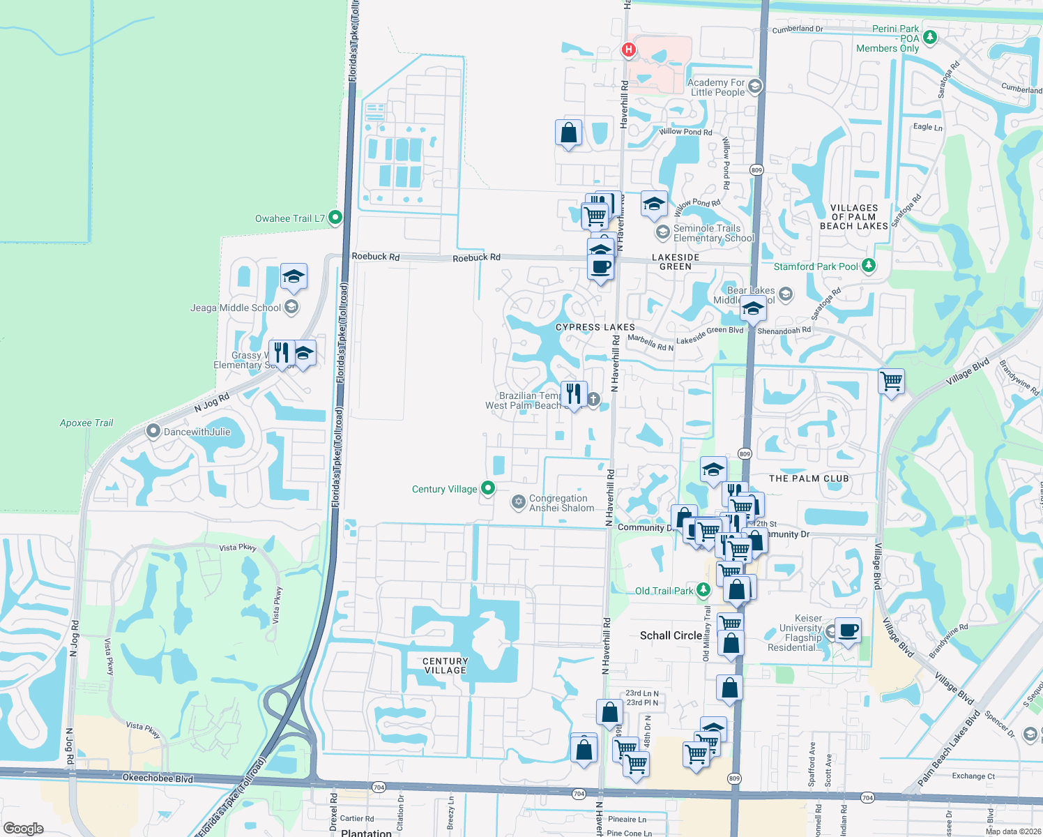 map of restaurants, bars, coffee shops, grocery stores, and more near 5455 Janice Lane in West Palm Beach