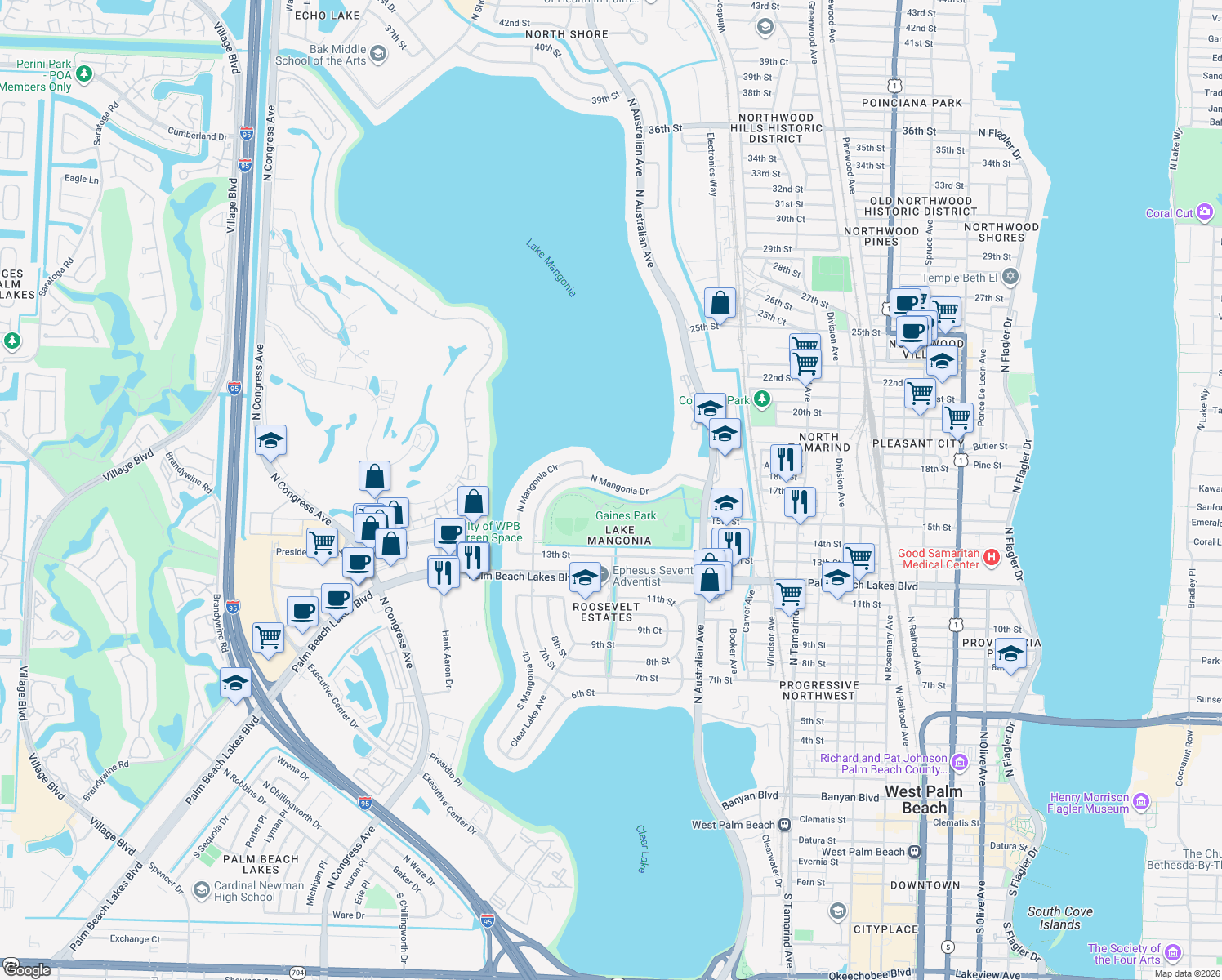 map of restaurants, bars, coffee shops, grocery stores, and more near 1402 North Mangonia Drive in West Palm Beach