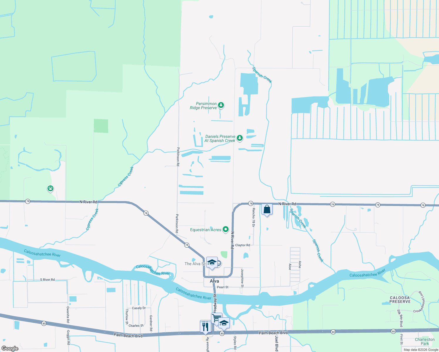 map of restaurants, bars, coffee shops, grocery stores, and more near 18201 Persimmon Ridge Road in Alva