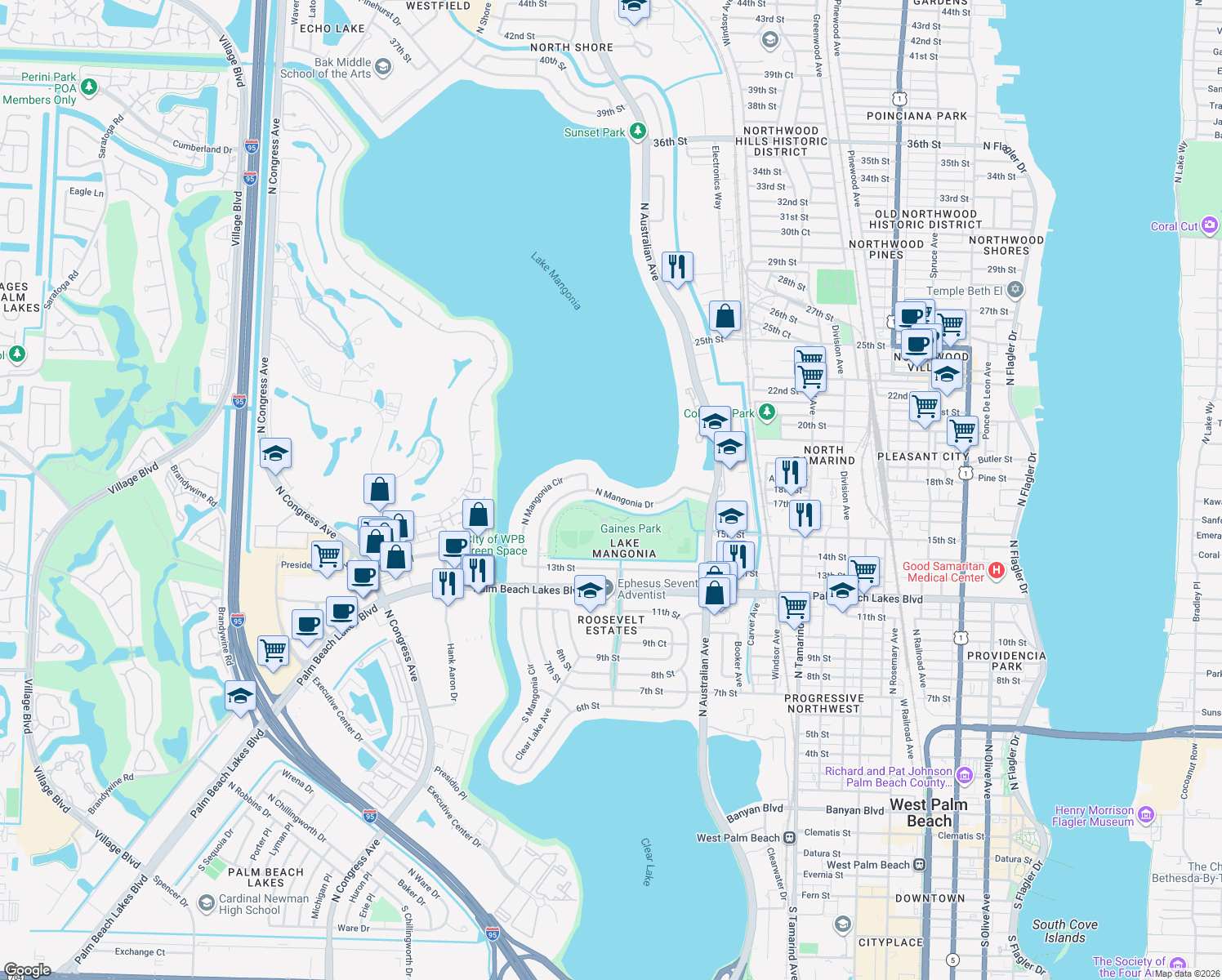 map of restaurants, bars, coffee shops, grocery stores, and more near 1409 North Mangonia Drive in West Palm Beach