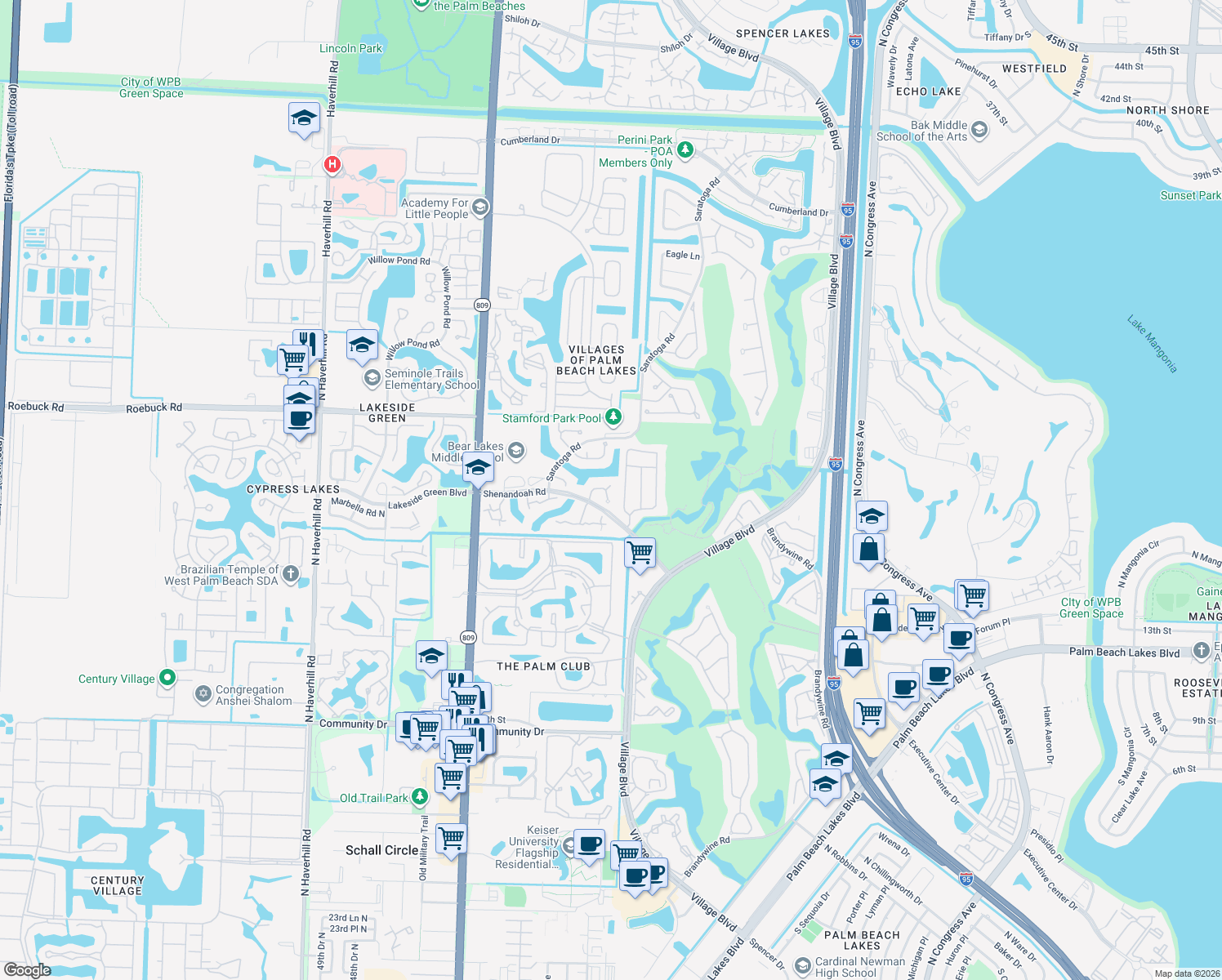 map of restaurants, bars, coffee shops, grocery stores, and more near 3136 Kingston Court in West Palm Beach