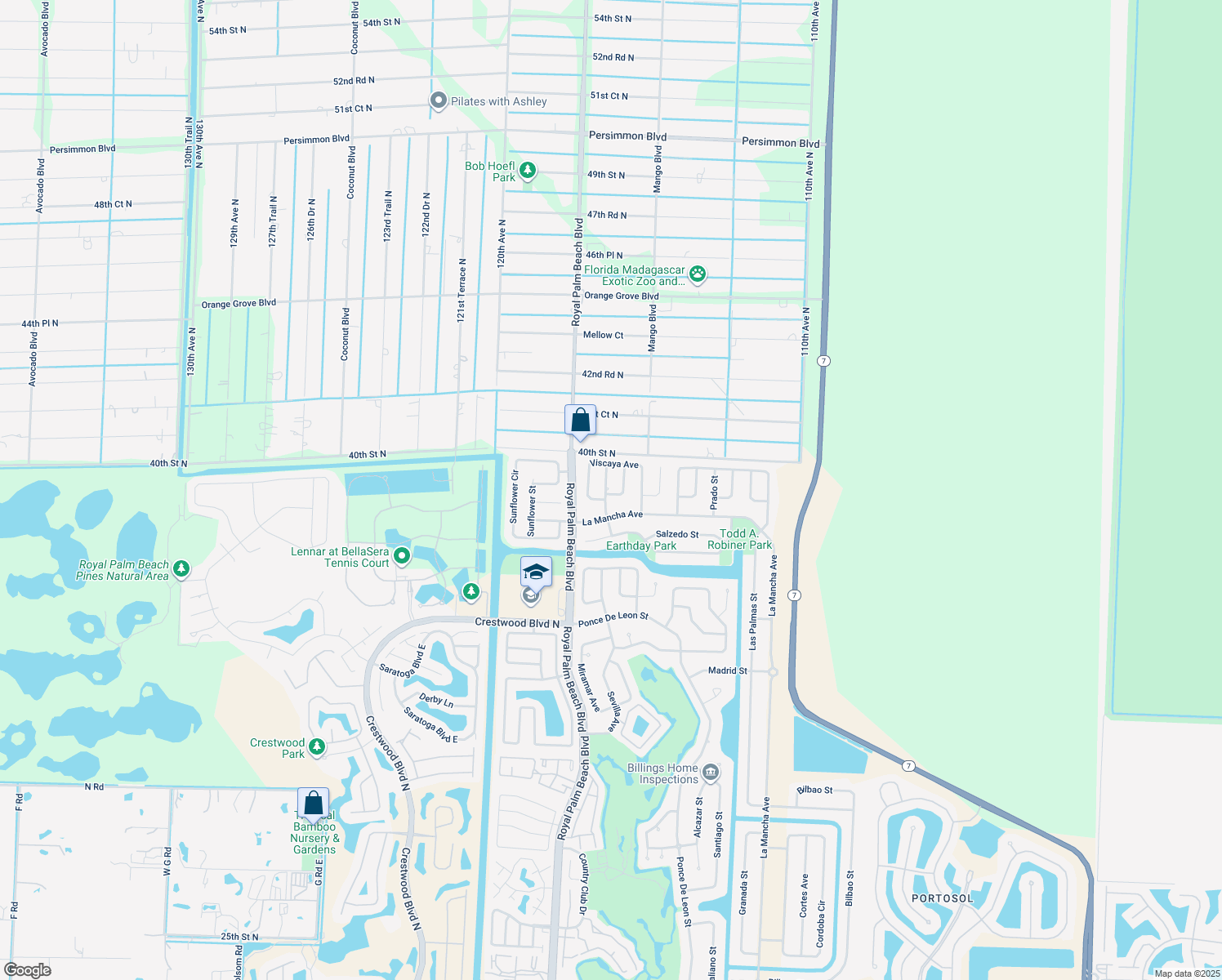 map of restaurants, bars, coffee shops, grocery stores, and more near 109 Santa Cruz Avenue in Royal Palm Beach