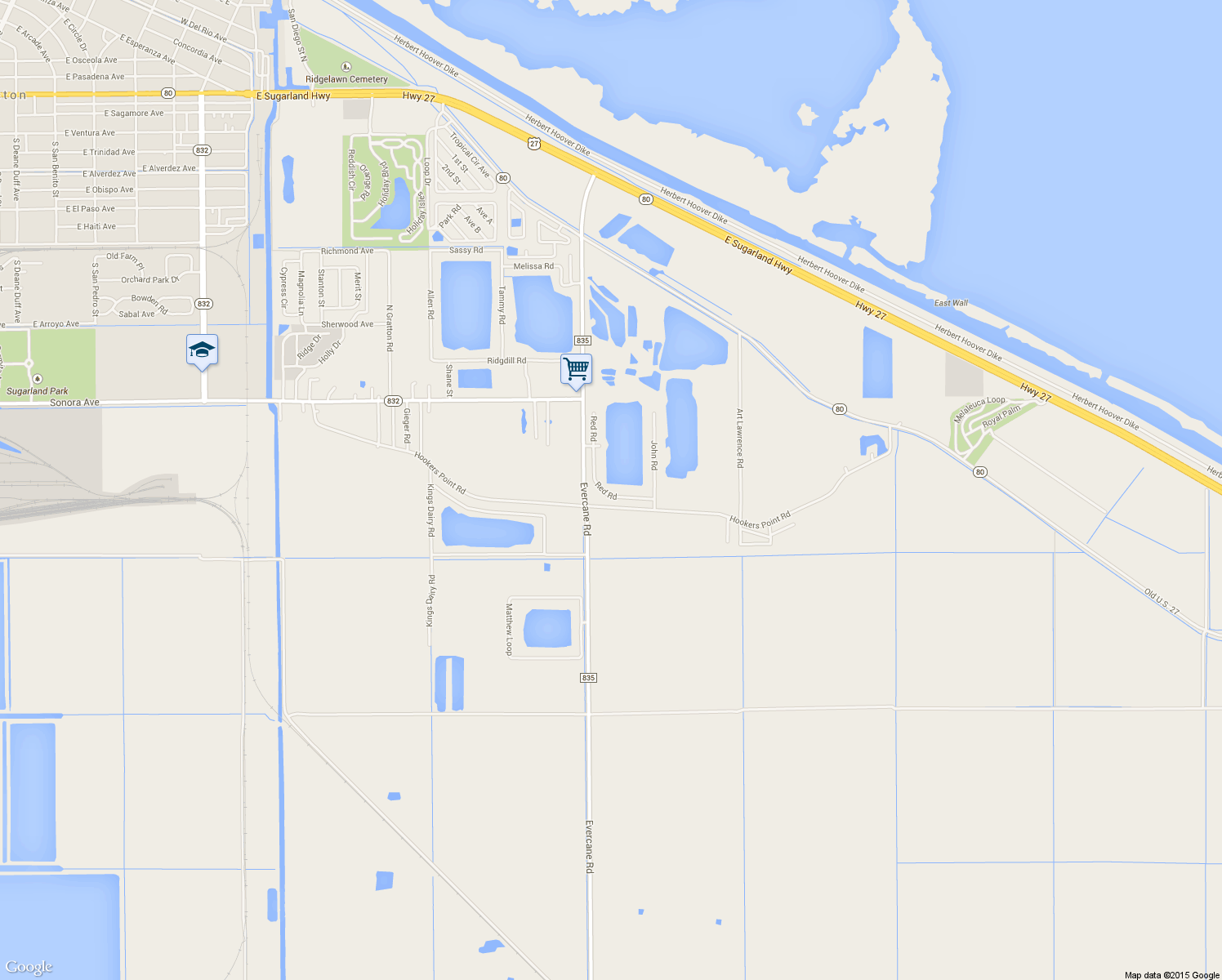 map of restaurants, bars, coffee shops, grocery stores, and more near 1824 Red Road in Clewiston