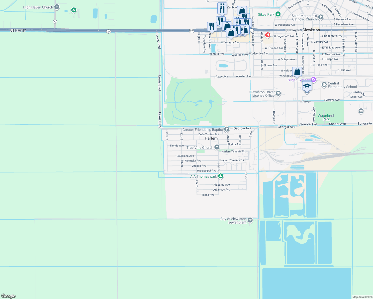 map of restaurants, bars, coffee shops, grocery stores, and more near 1129 Carolina Avenue in Clewiston