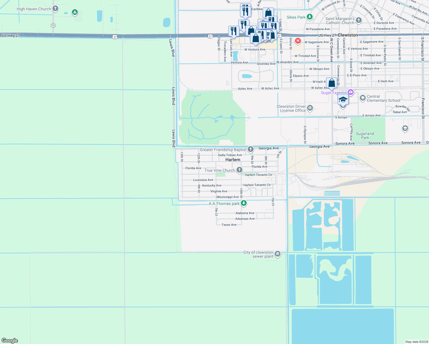 map of restaurants, bars, coffee shops, grocery stores, and more near 1101 Carolina Avenue in Clewiston