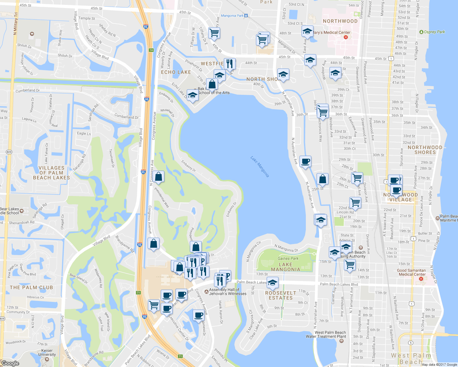 map of restaurants, bars, coffee shops, grocery stores, and more near 2434 Embassy Dr in West Palm Beach