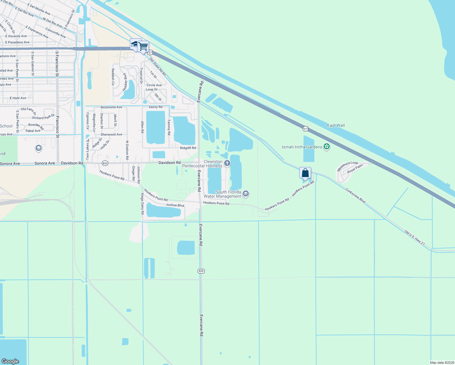 map of restaurants, bars, coffee shops, grocery stores, and more near 1802 John Road in Clewiston