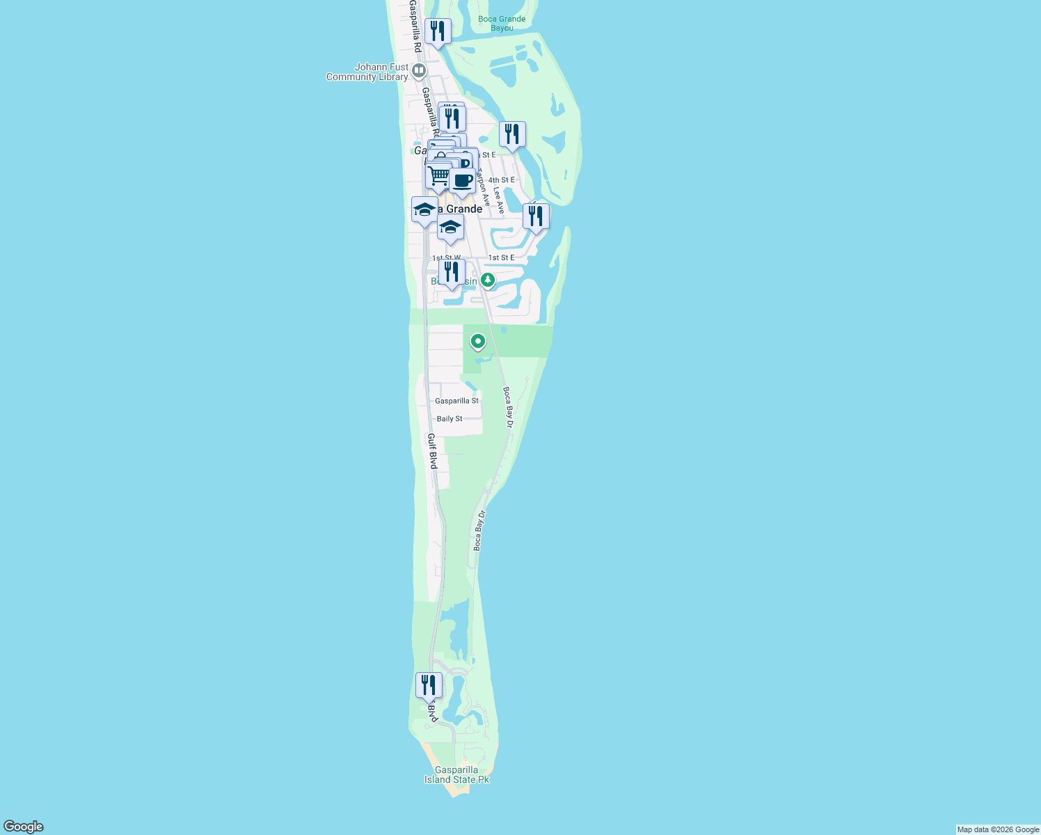 map of restaurants, bars, coffee shops, grocery stores, and more near 359 Pilot Point Lane in Boca Grande