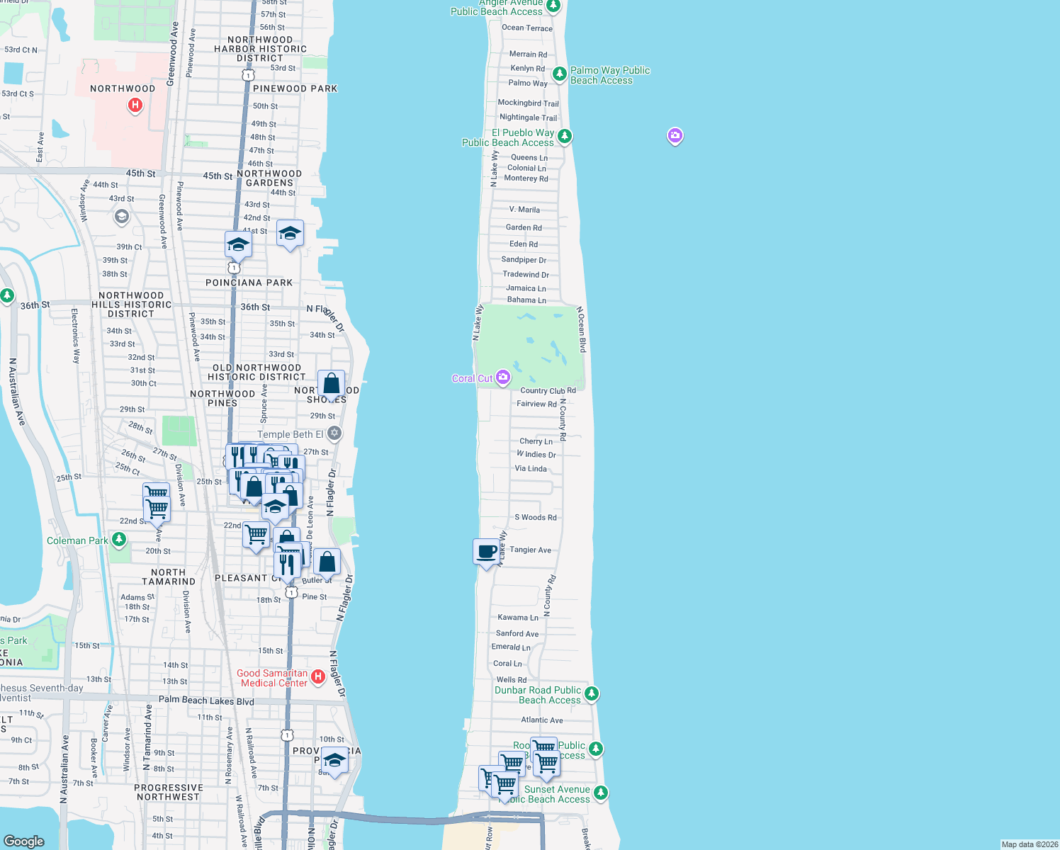 map of restaurants, bars, coffee shops, grocery stores, and more near 241 El Dorado Lane in Palm Beach
