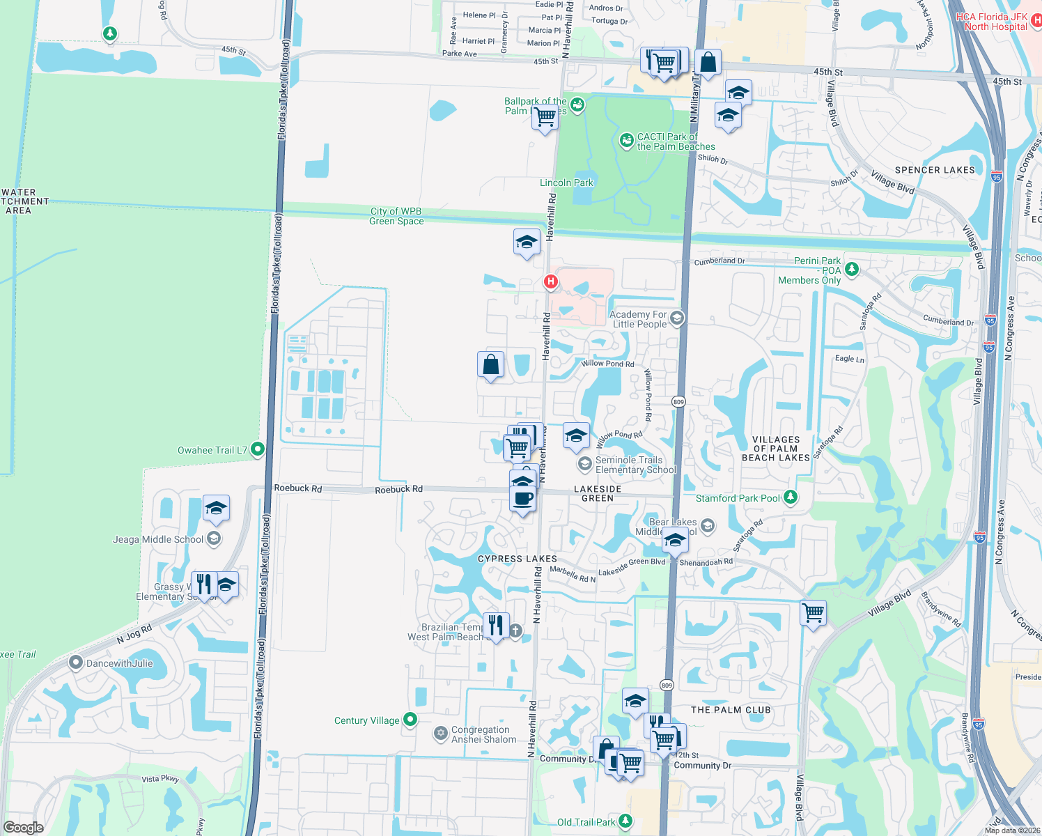 map of restaurants, bars, coffee shops, grocery stores, and more near 5114 Ashley River Road in West Palm Beach