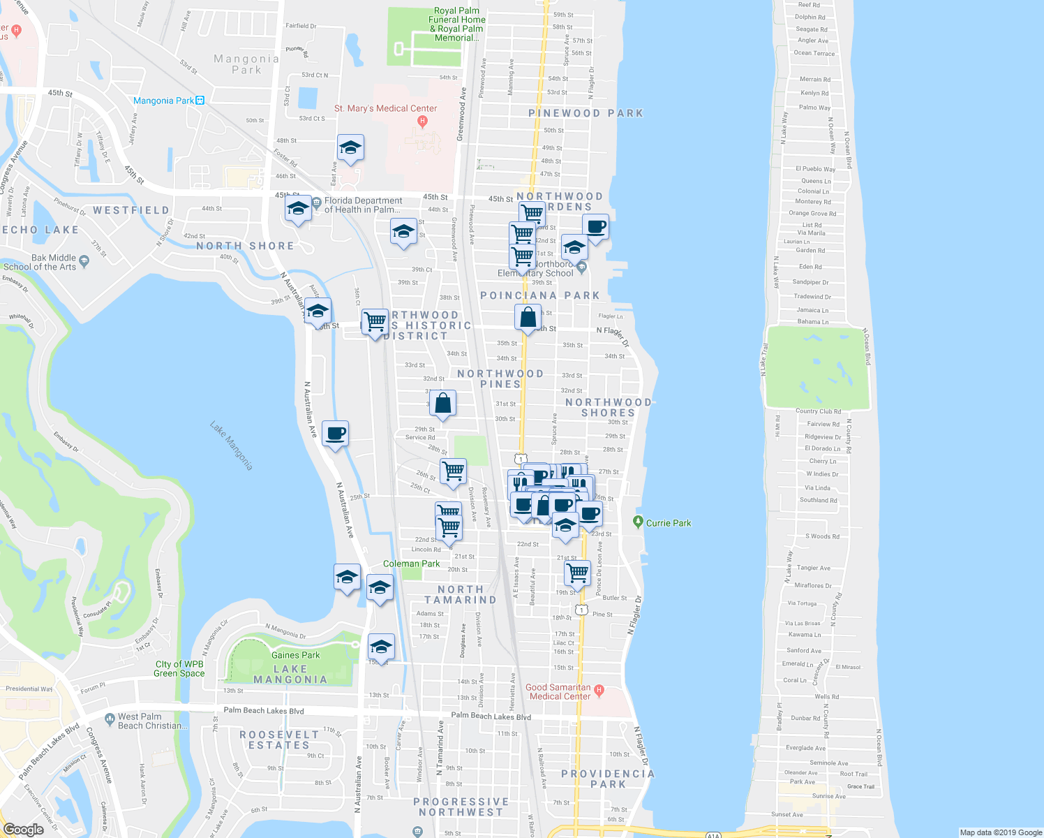 map of restaurants, bars, coffee shops, grocery stores, and more near 30th Street in West Palm Beach