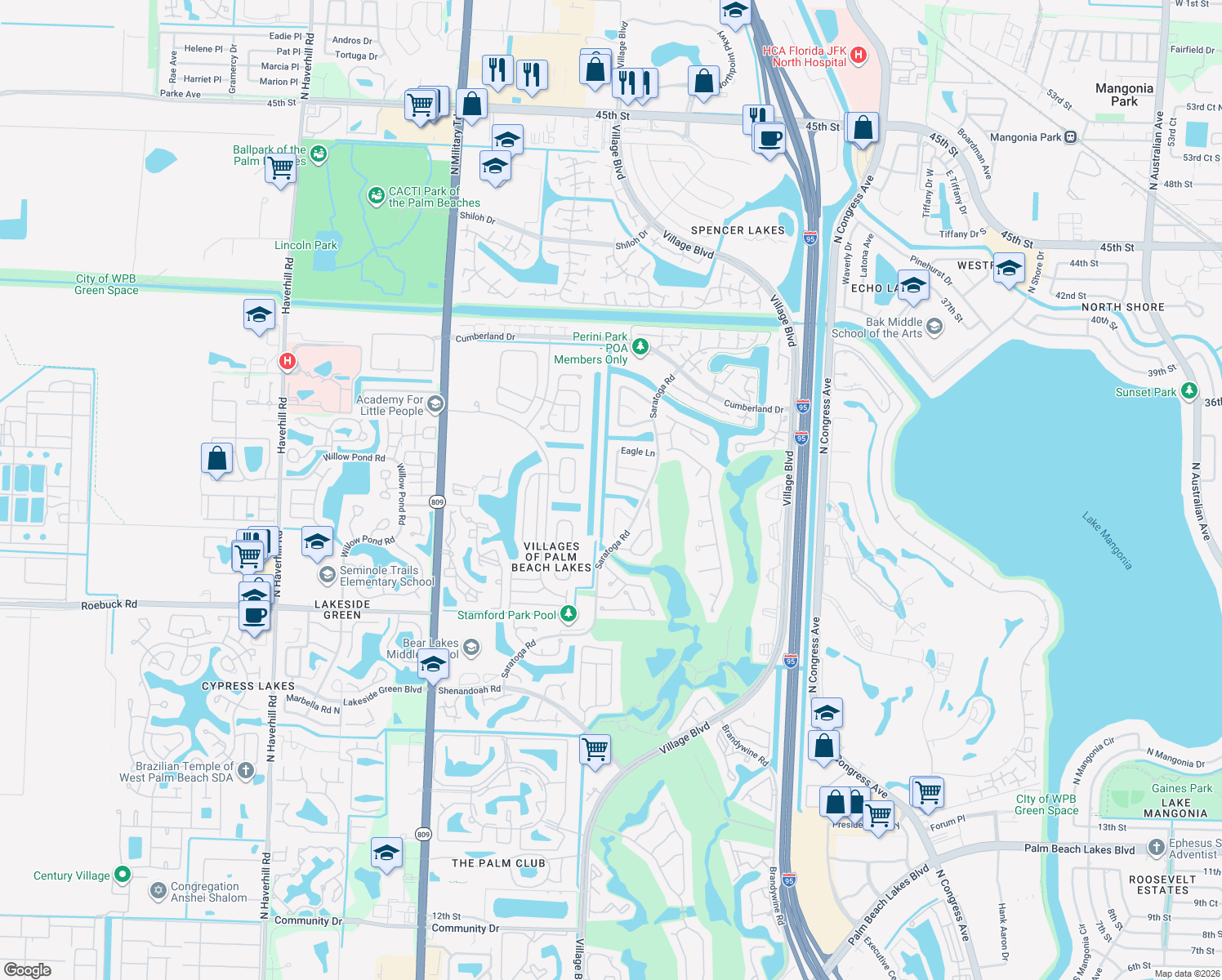 map of restaurants, bars, coffee shops, grocery stores, and more near 2890 Gettysburg Lane in West Palm Beach