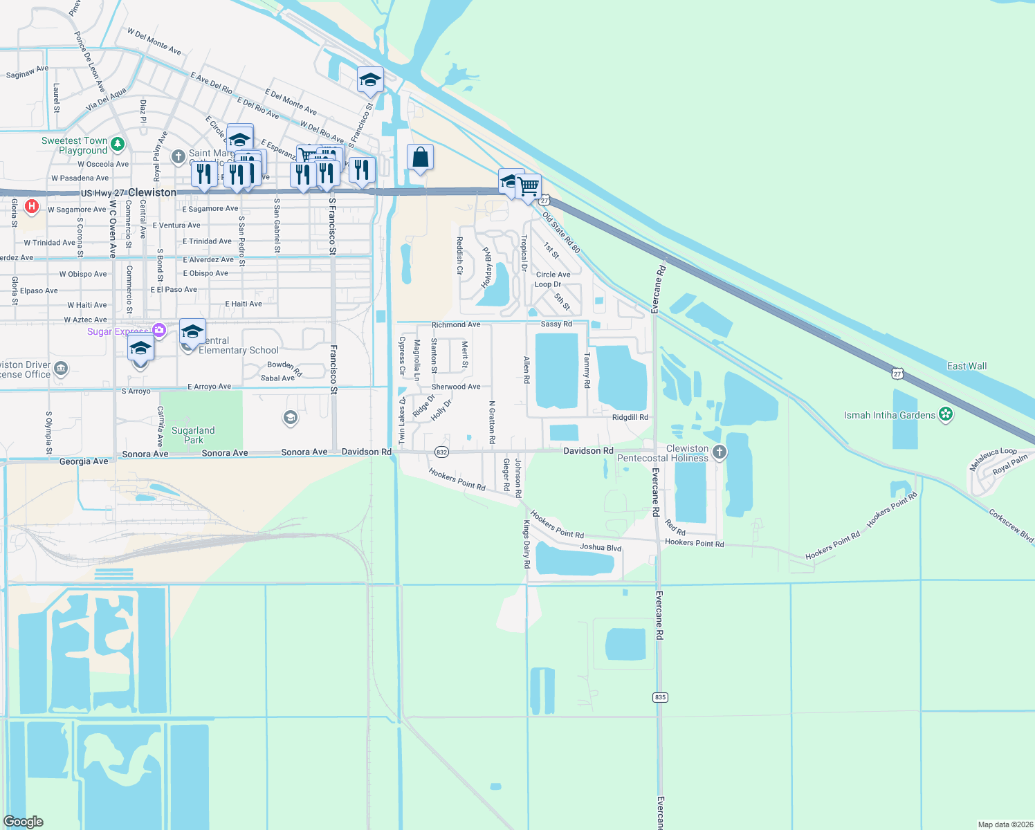 map of restaurants, bars, coffee shops, grocery stores, and more near 855 Allen Road in Clewiston