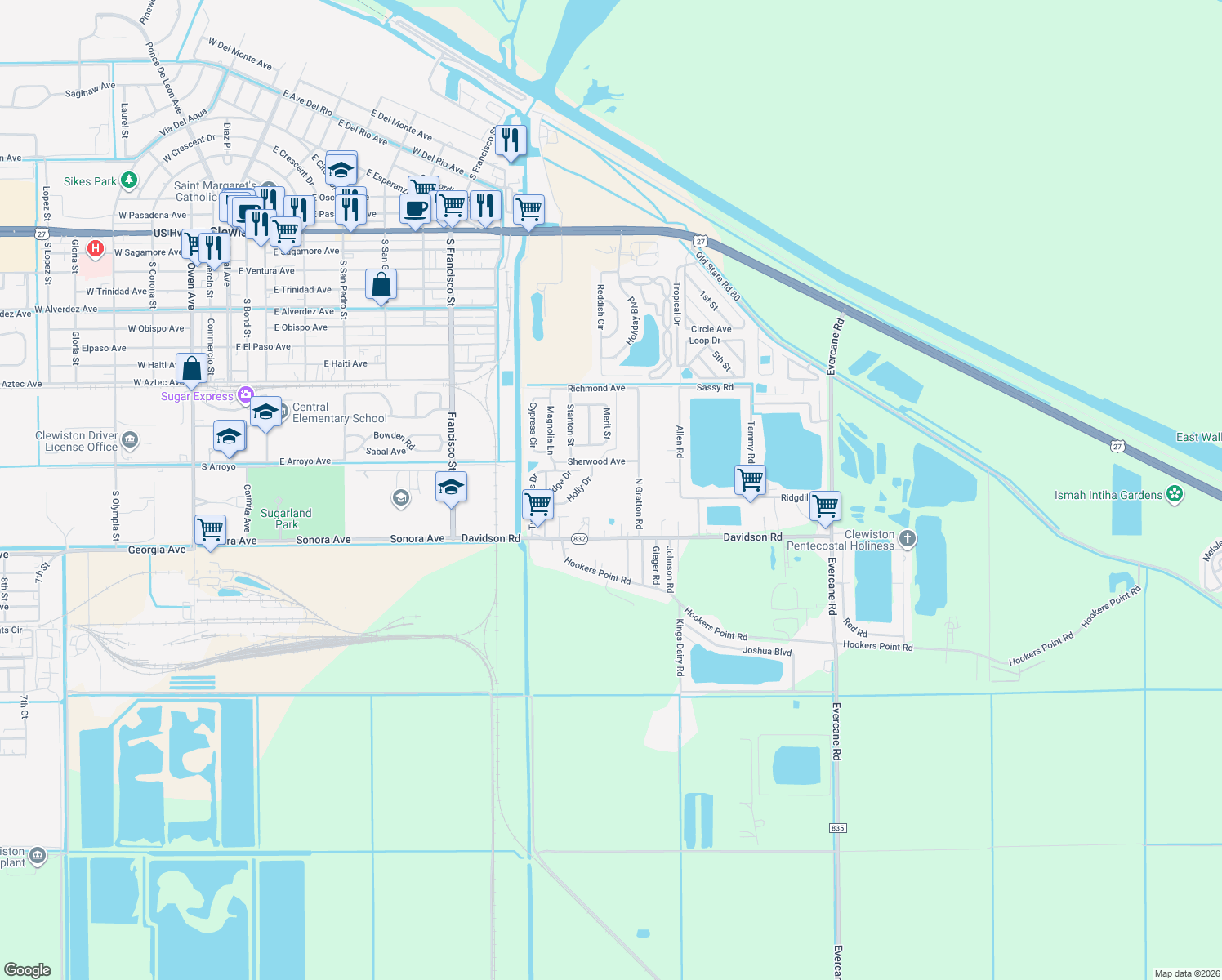 map of restaurants, bars, coffee shops, grocery stores, and more near 1245 Sherwood Avenue in Clewiston