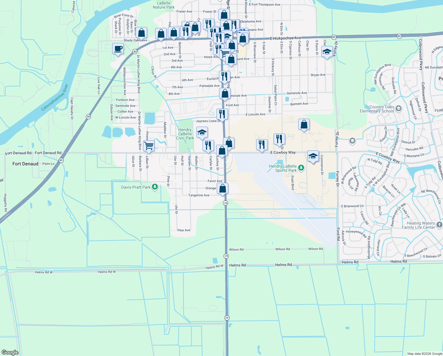 map of restaurants, bars, coffee shops, grocery stores, and more near 1221 Luckey Street in LaBelle