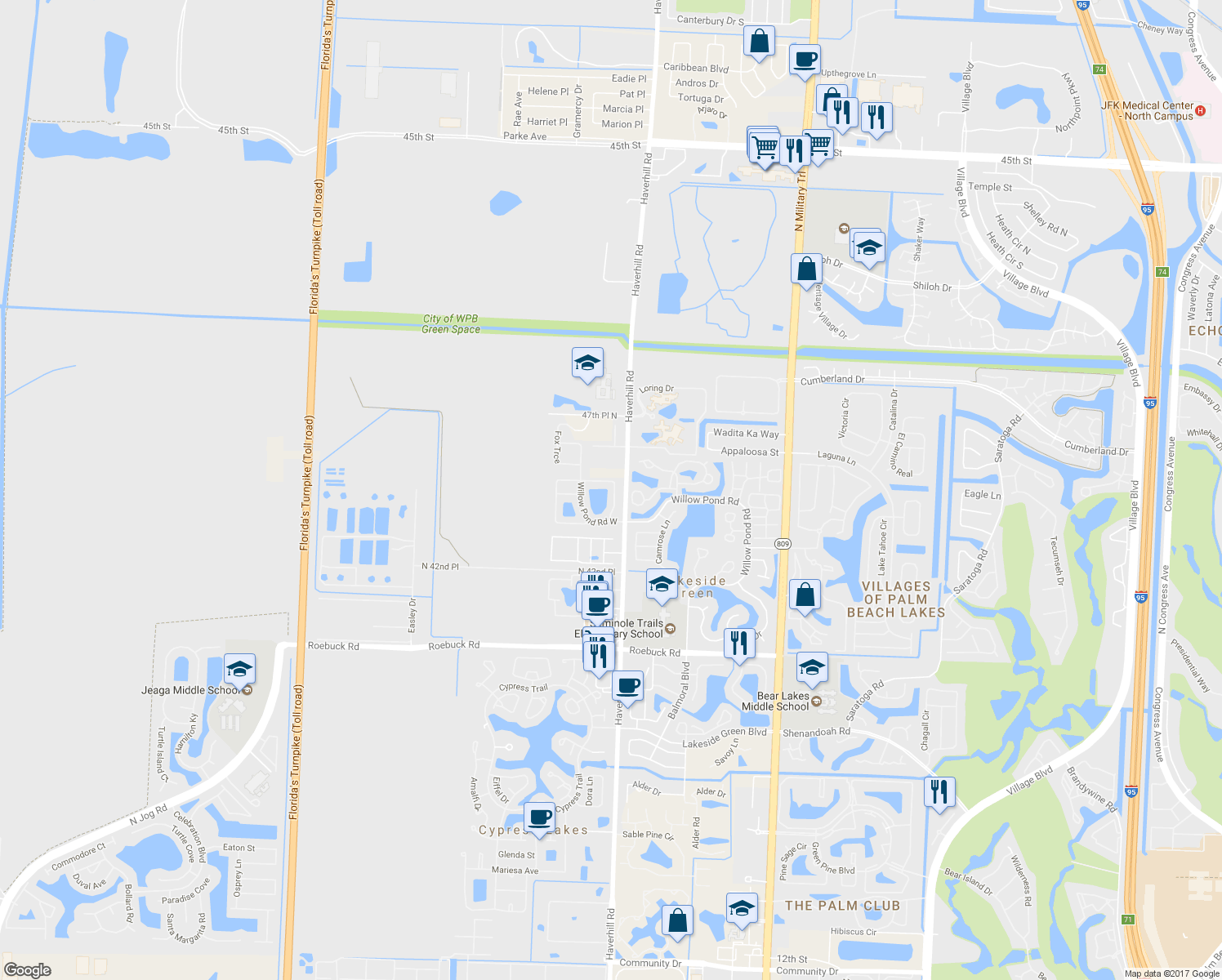 map of restaurants, bars, coffee shops, grocery stores, and more near 2805 Foxhall Drive East in West Palm Beach