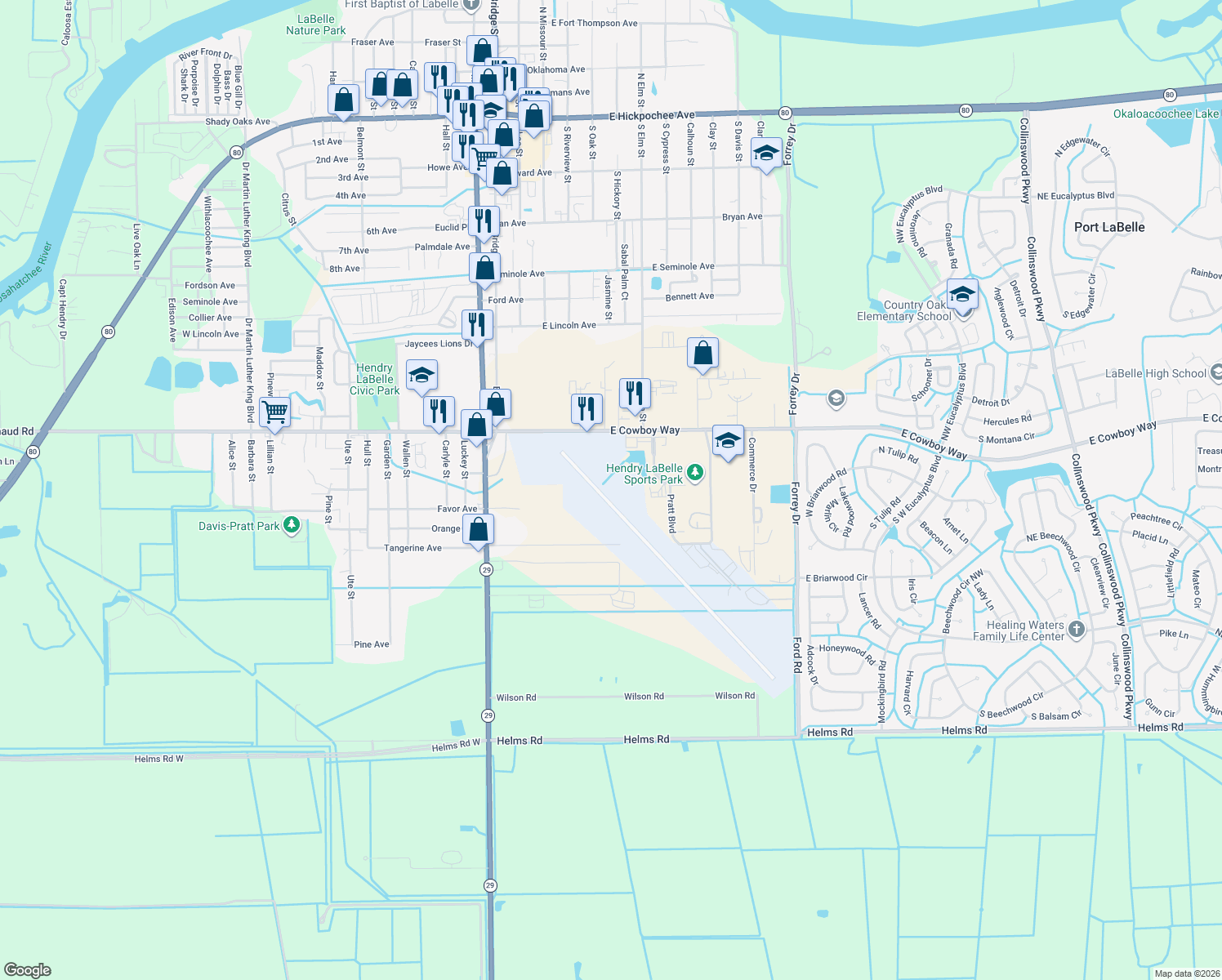 map of restaurants, bars, coffee shops, grocery stores, and more near 99 East Cowboy Way in LaBelle